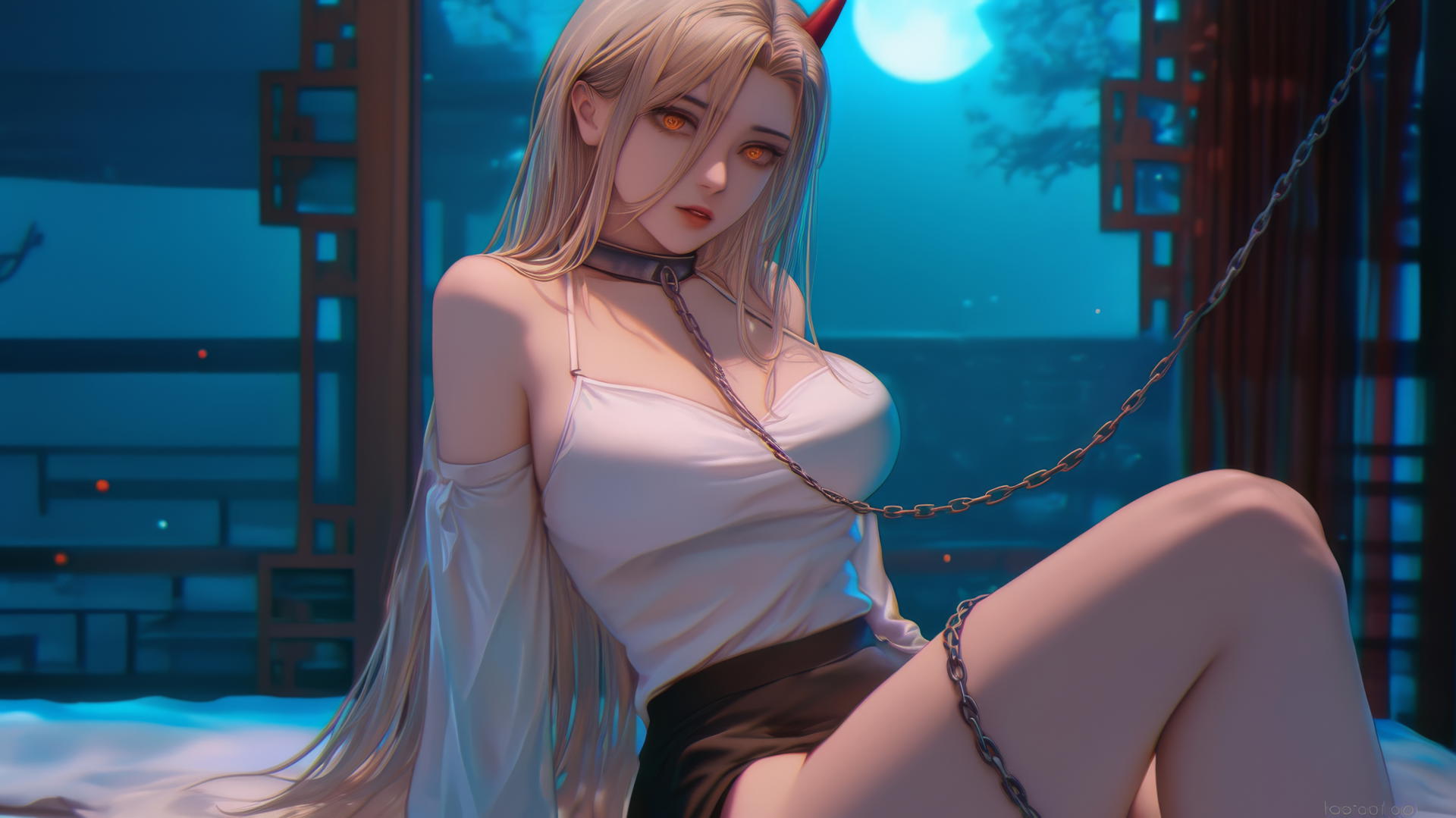 Chainsaw Man character Power in hotel room, chained, blonde, red horns, yellow eyes