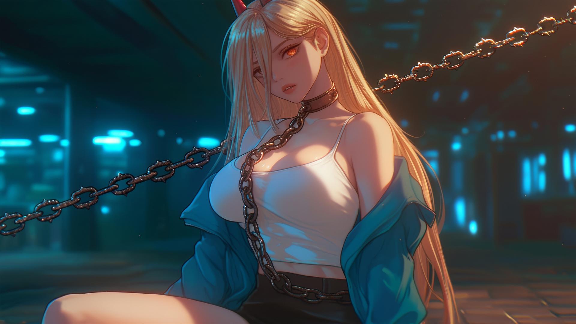 Power from Chainsaw Man, chained in a dark basement, blonde hair, red horns, yellow eyes.