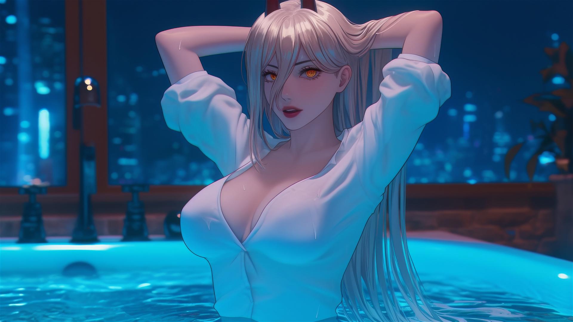 Power from Chainsaw Man in bathtub with soft moonlight glow, blonde hair, light red horns, yellow eyes.