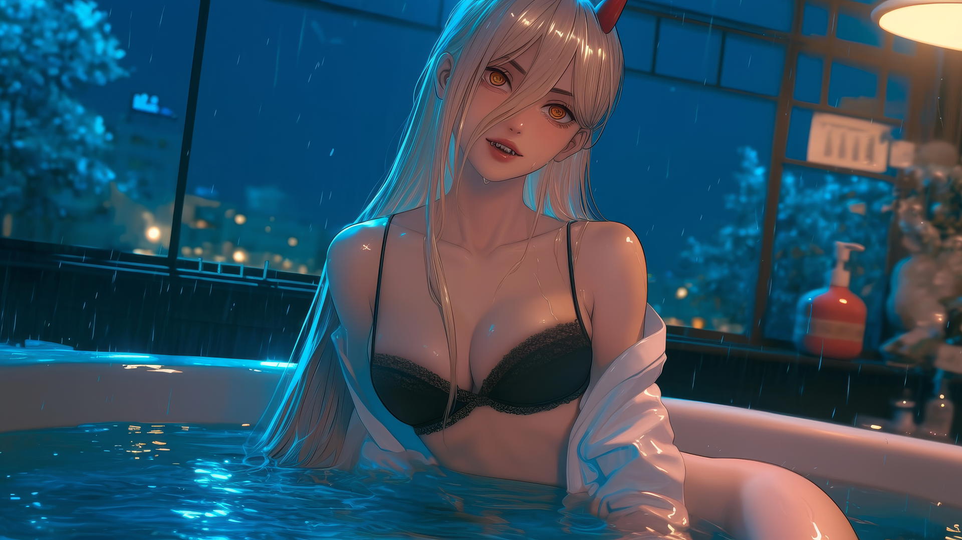 Power from Chainsaw Man in a tub, beautiful, blonde hair, light red horns, yellow eyes, moonlight.