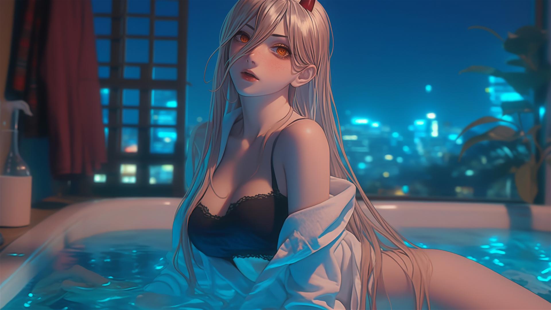 Power from Chainsaw Man in a bathtub with blonde hair, red horns, and yellow eyes under moonlight.