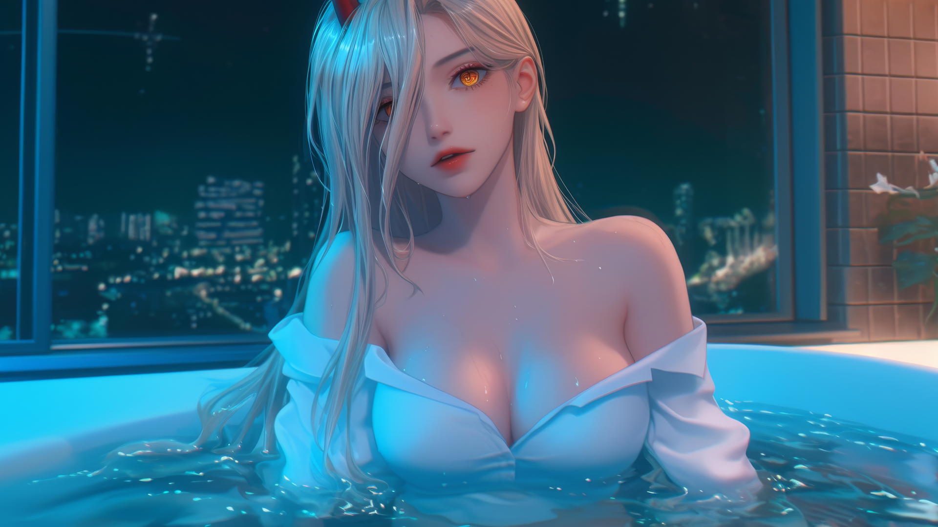 Power from Chainsaw Man, in a tub, with blonde hair, light red horns, and yellow eyes, illuminated by moonlight.
