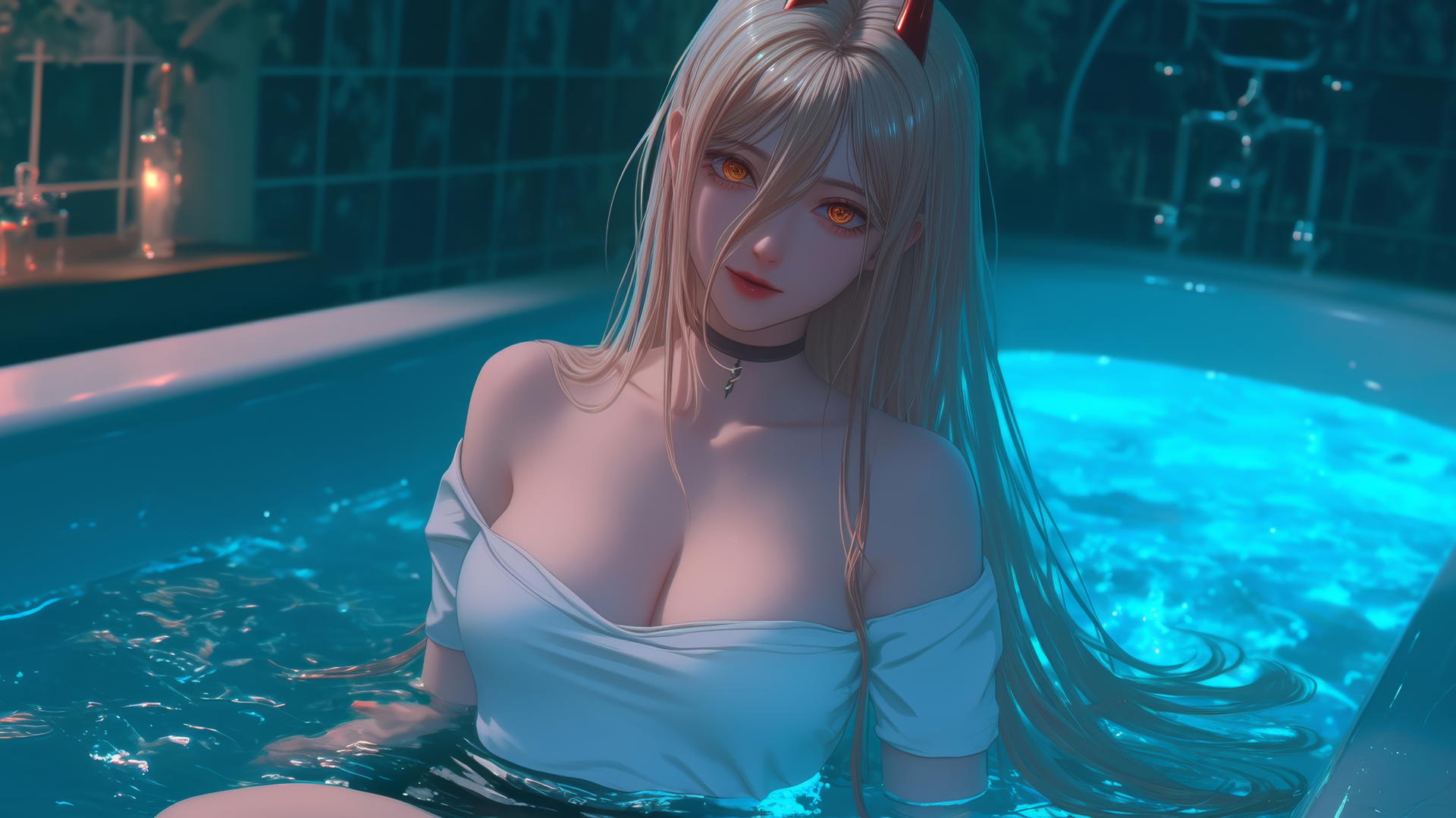 Power from Chainsaw Man in bathtub with blonde hair, red horns, and yellow eyes under moonlight.