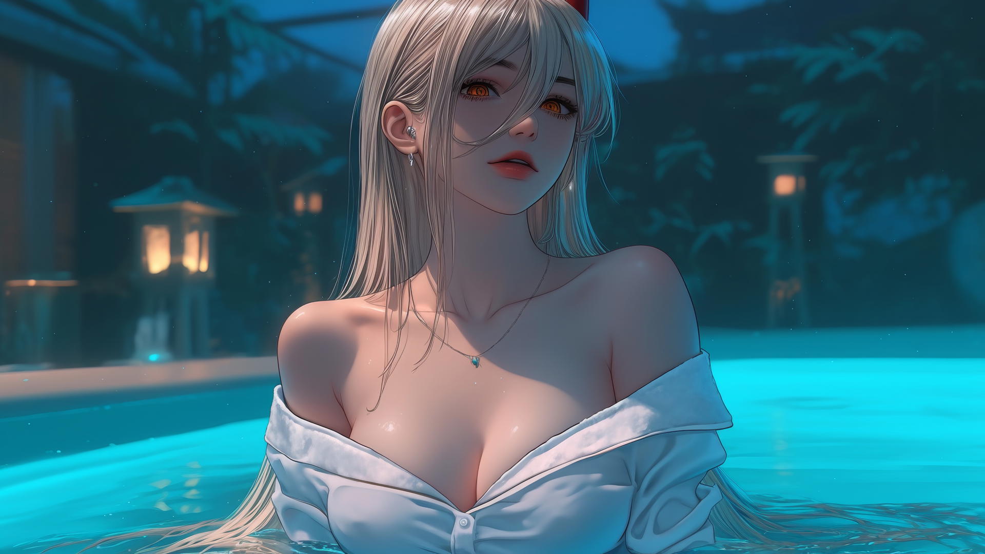 Chainsaw Man's Power in a tub with blonde hair, red horns, and yellow eyes, bathed in moonlight.