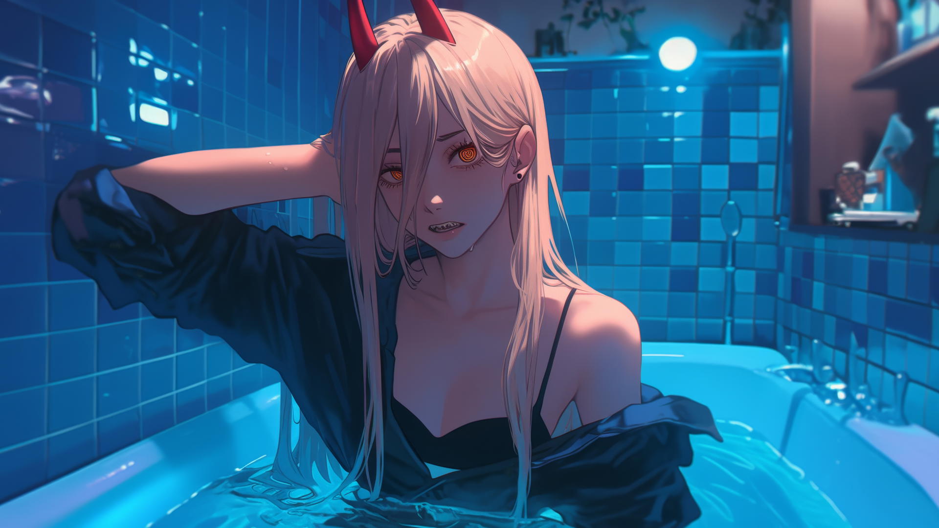 Power from Chainsaw Man jumping out of a tub, illuminated by moonlight, with blonde hair, light red horns, and yellow eyes.