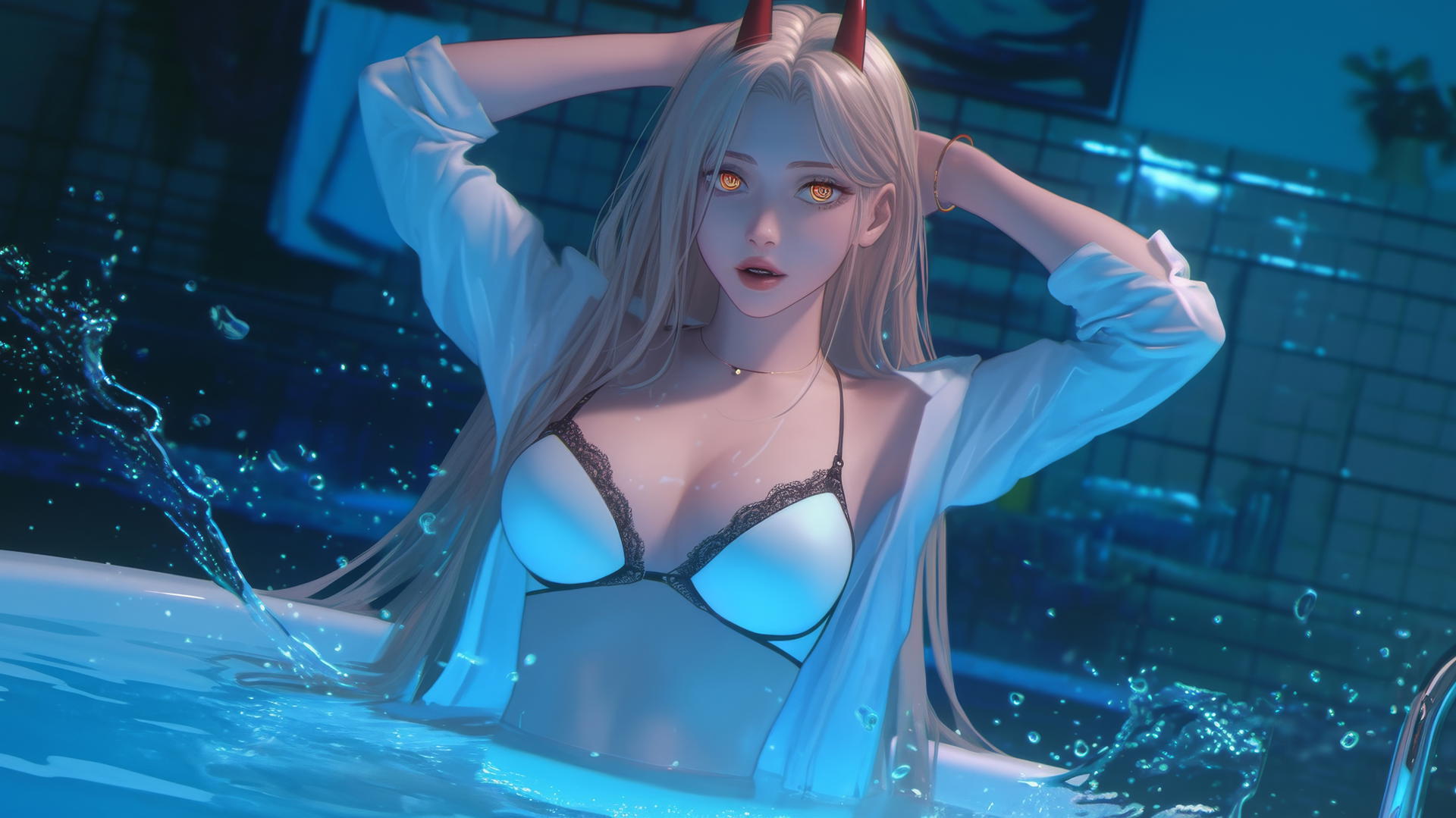 Power from Chainsaw Man with blonde hair, light red horns, and yellow eyes, jumping out of a tub under moonlight.