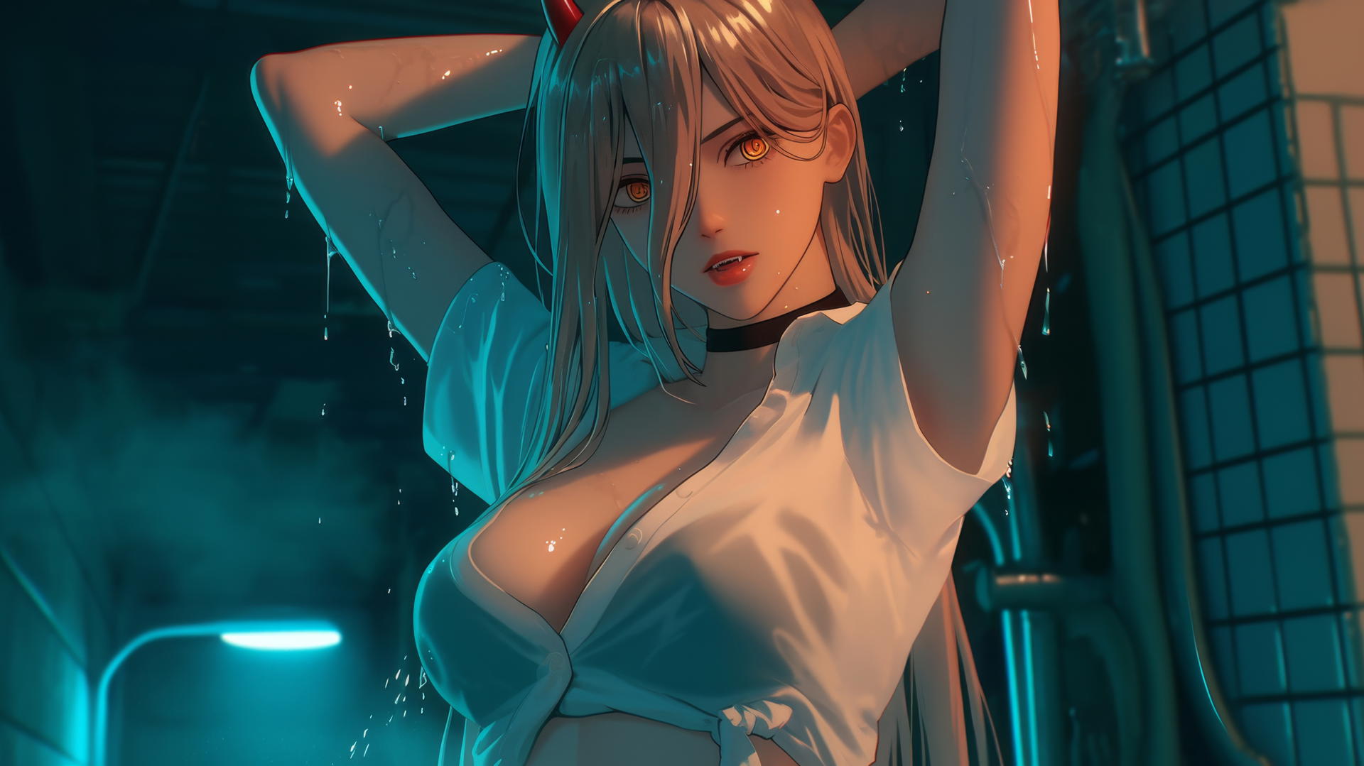 Power from Chainsaw Man jumping out of a tub with blonde hair, light red horns, yellow eyes, in moonlight.