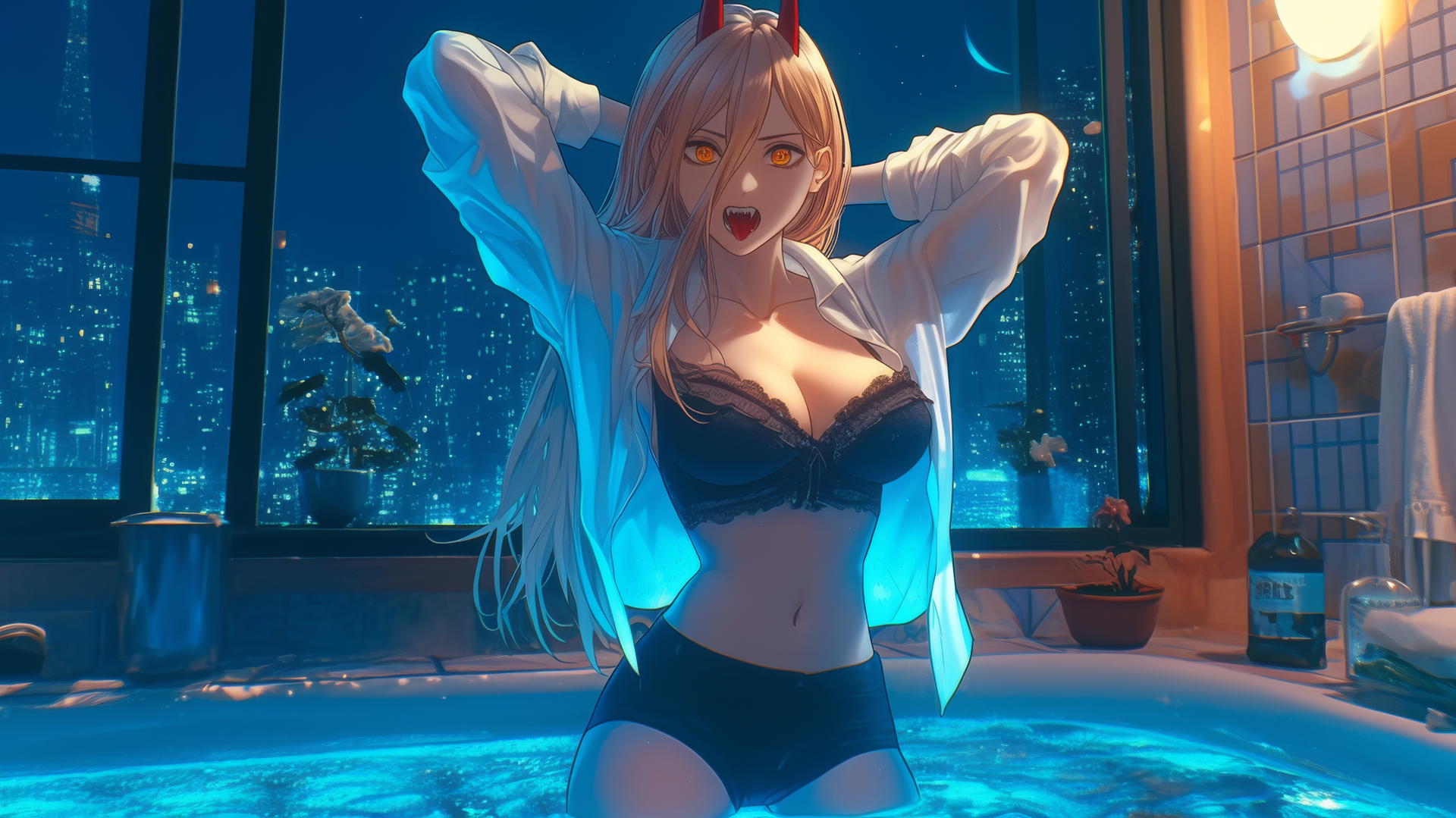 Power from Chainsaw Man, jumping out of a tub with blonde hair, light red horns, and yellow eyes under moonlight.
