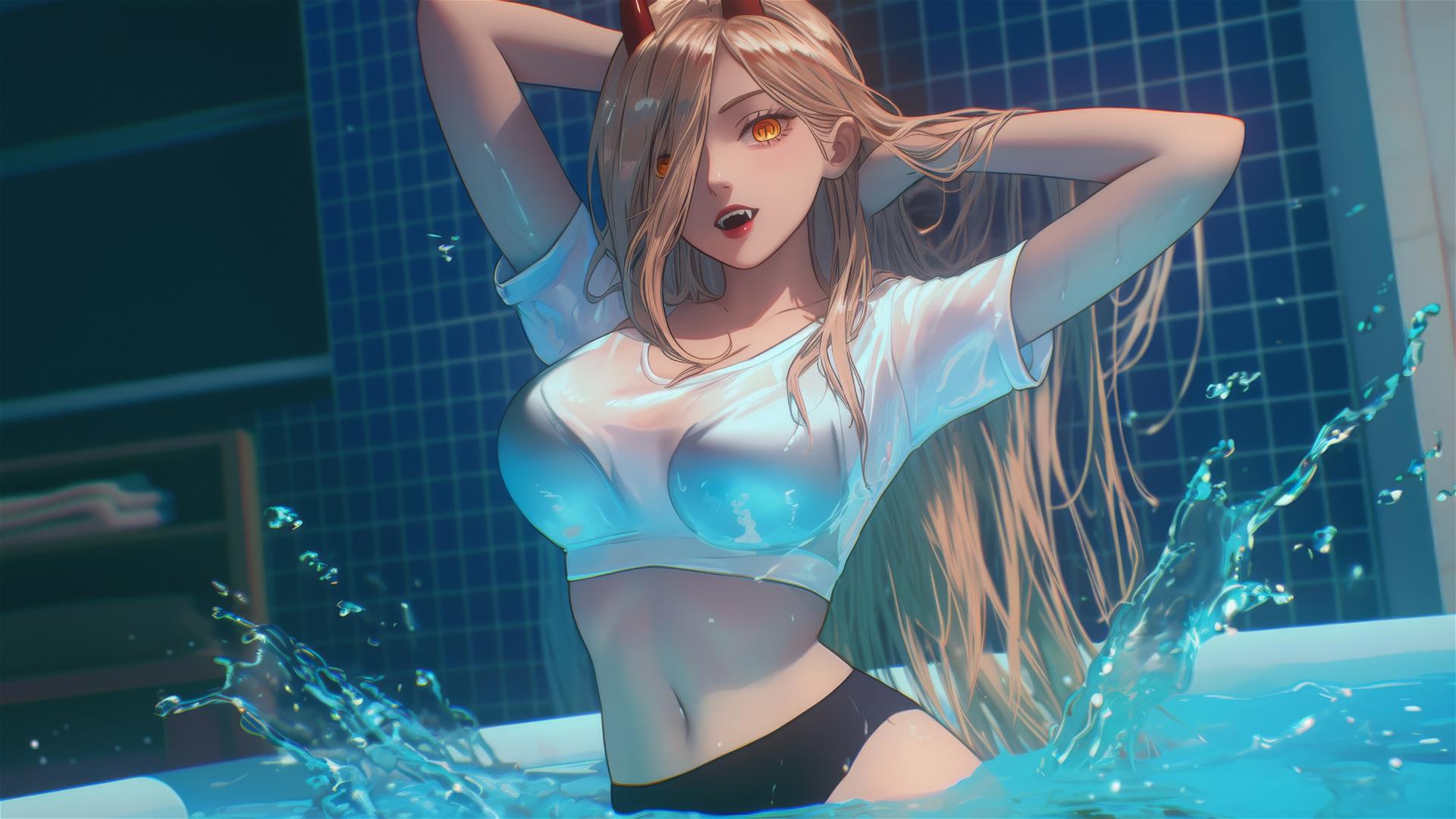 Power from Chainsaw Man jumping out of a tub in her apartment, moonlight glow