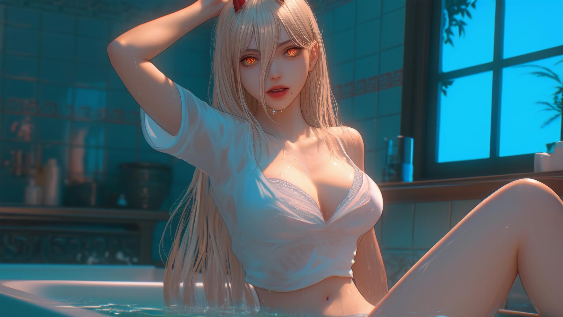 Power from Chainsaw Man jumping out of a tub, with blonde hair, red horns, and yellow eyes, bathed in moonlight.