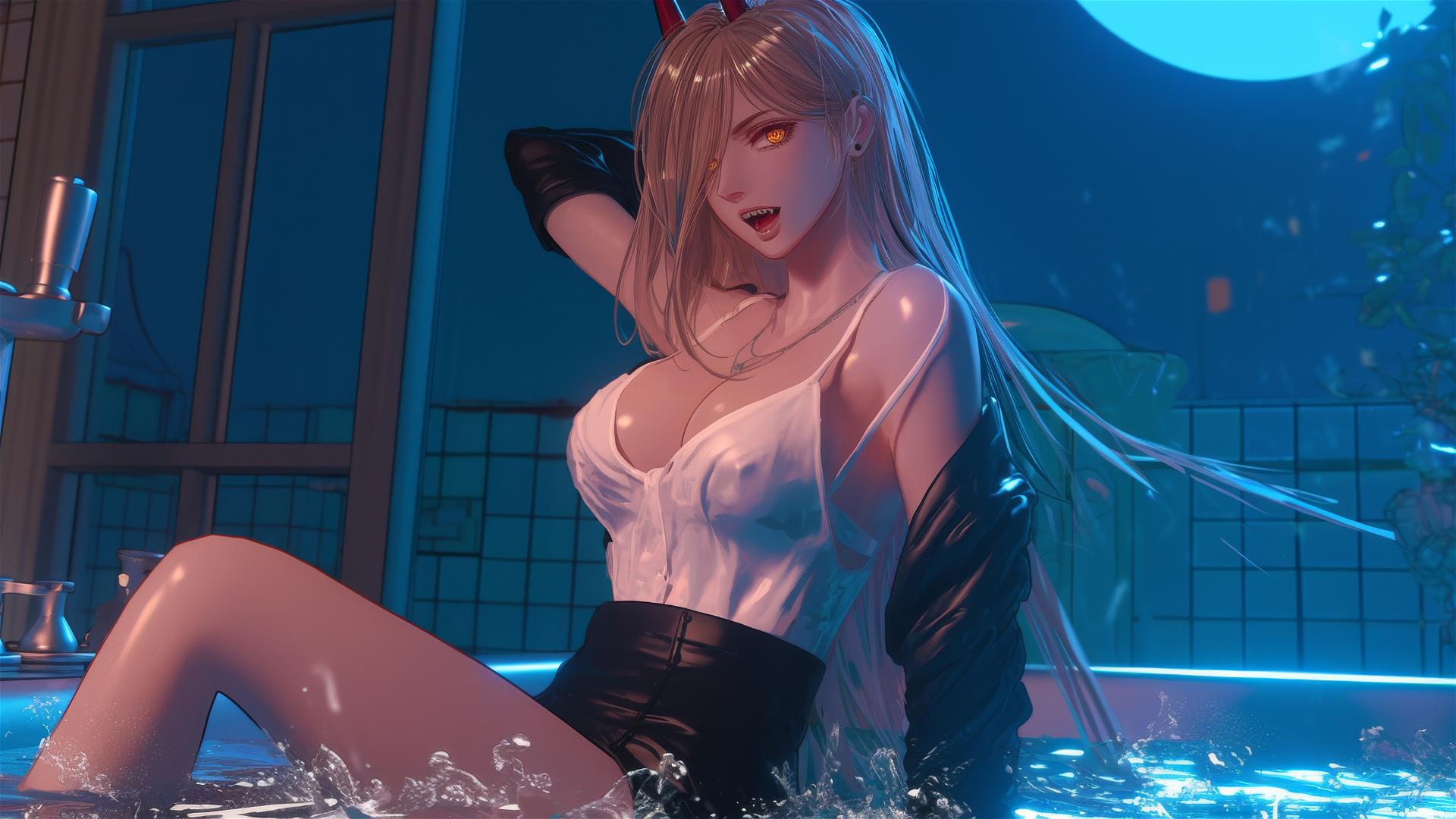 Power from Chainsaw Man jumping out of a tub, with moonlight casting a soft glow, blonde hair, red horns, and yellow eyes.