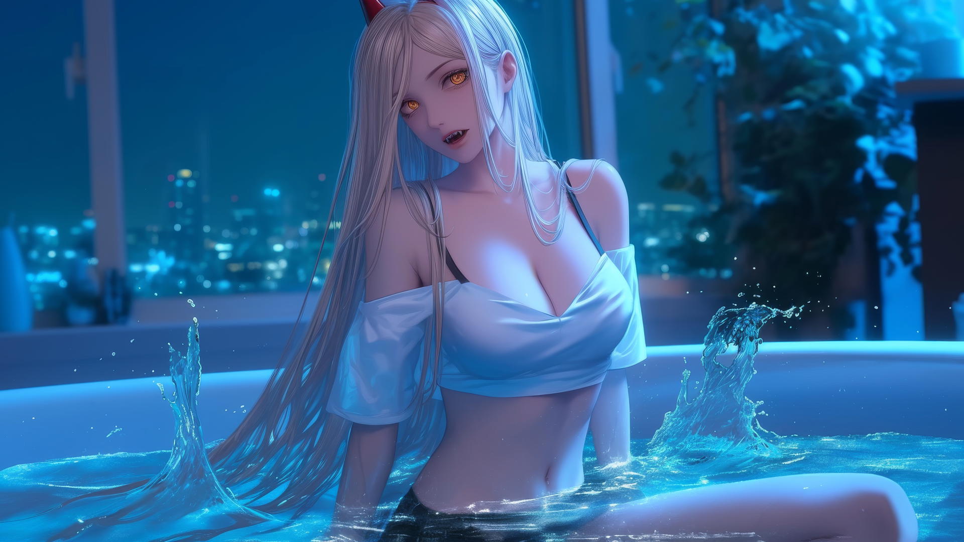 Power from Chainsaw Man jumps out of a tub in her apartment, with blonde hair, light red horns, and yellow eyes, illuminated by moonlight.