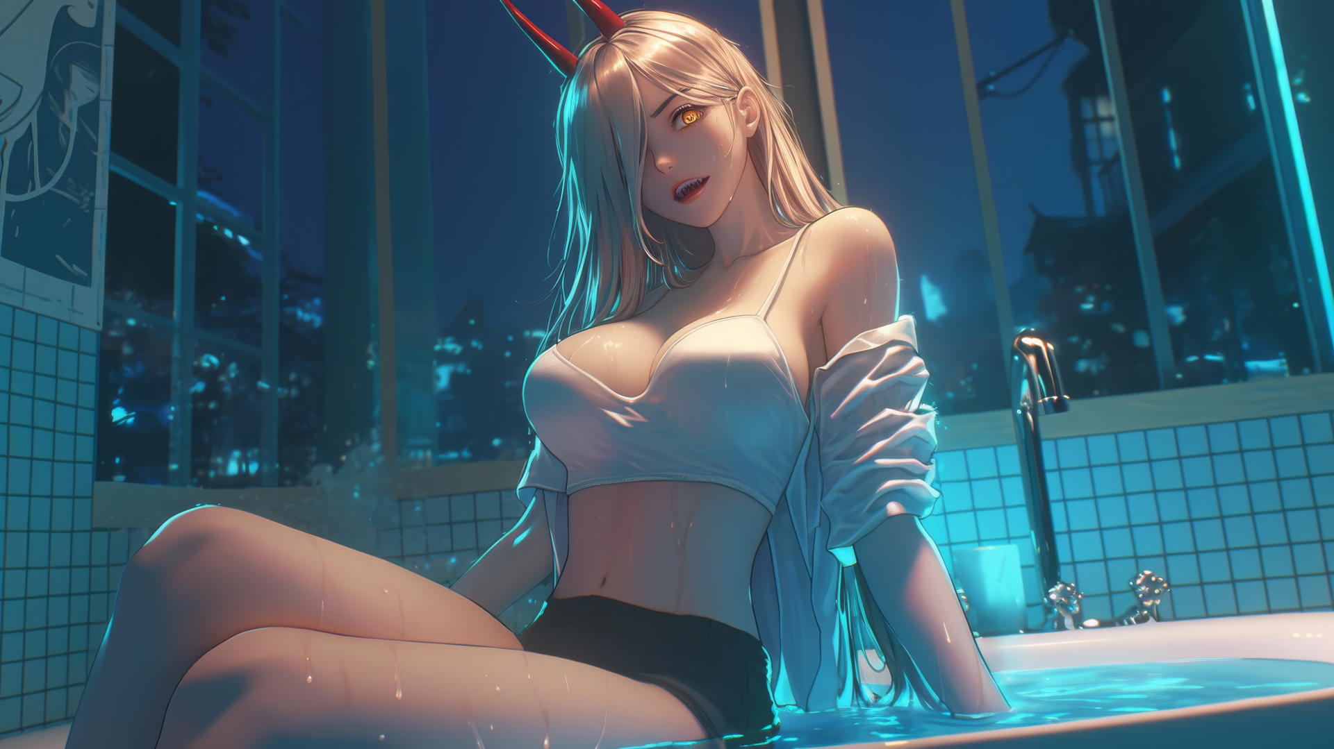 Power from Chainsaw Man jumping out of a bathtub with moonlight casting a soft glow.