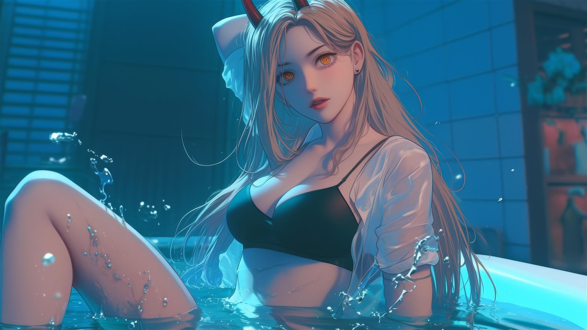Power from Chainsaw Man jumping out of a tub with blonde hair, light red horns, and yellow eyes under moonlight.