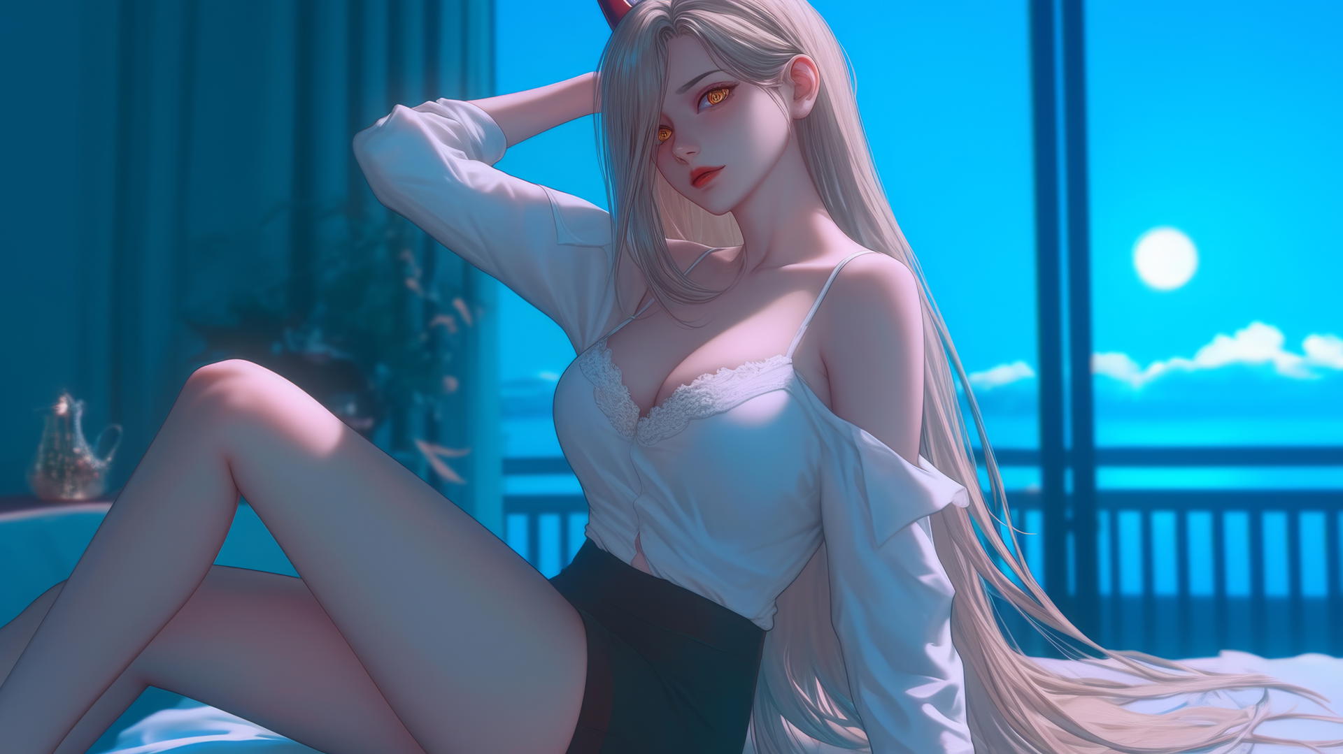 Power from Chainsaw Man resting in a modern hotel room, blonde hair, light red horns, yellow eyes, moonlight glow.