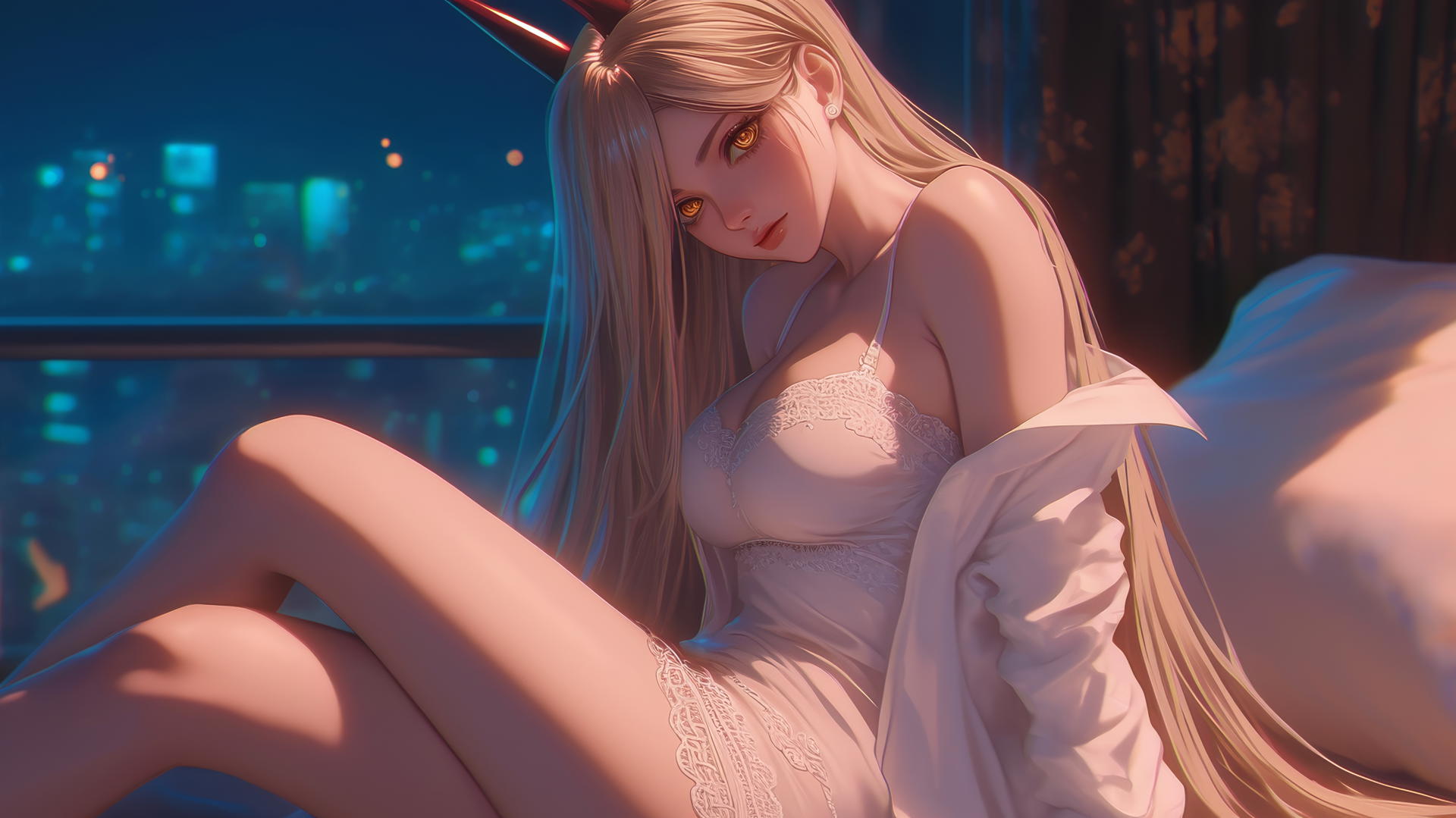Power from Chainsaw Man resting in a modern hotel room, blonde hair, light red horns, yellow eyes, moonlight glow.
