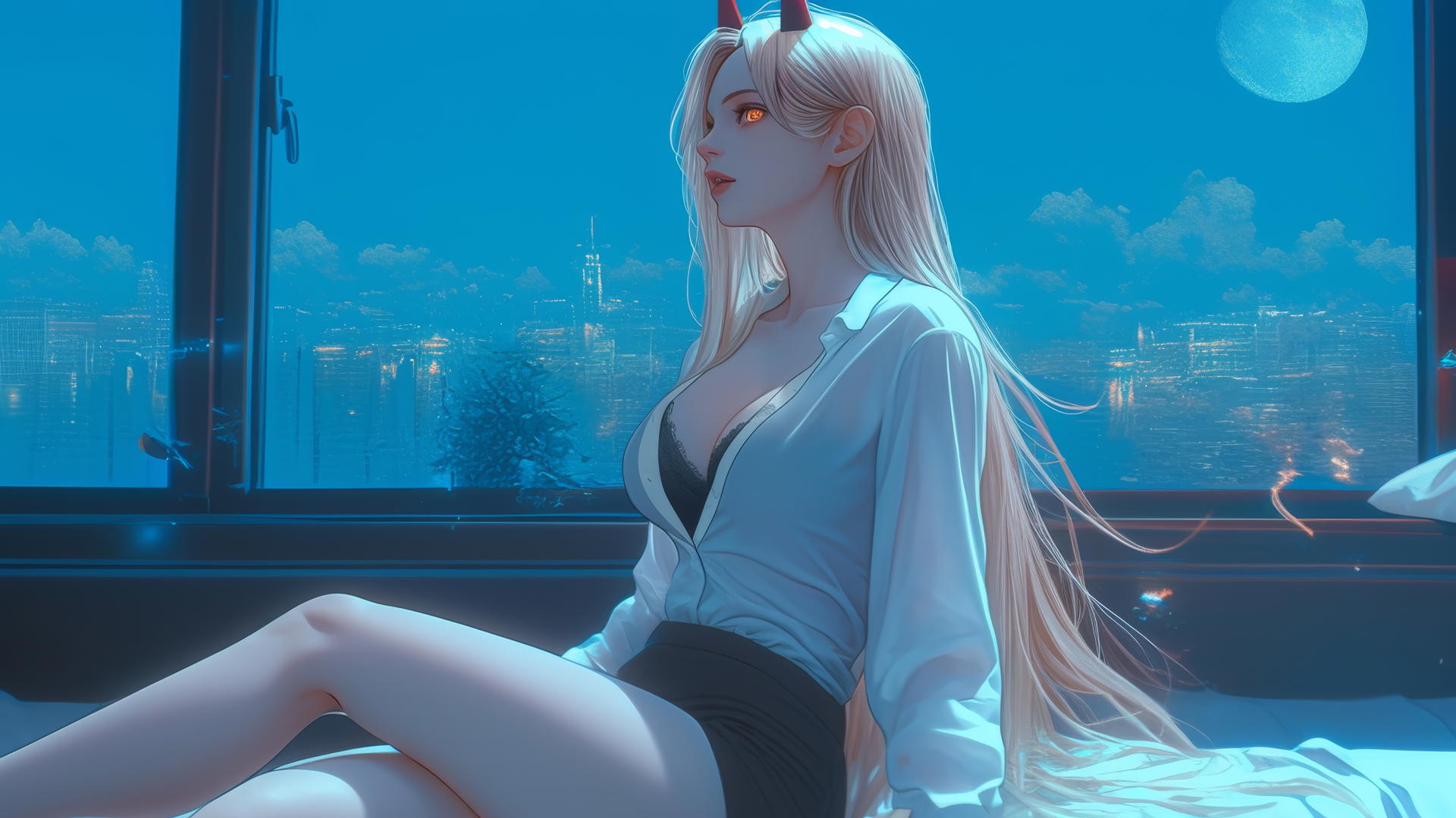 Power from Chainsaw Man with blonde hair, red horns, yellow eyes, resting in a moonlit modern hotel room.