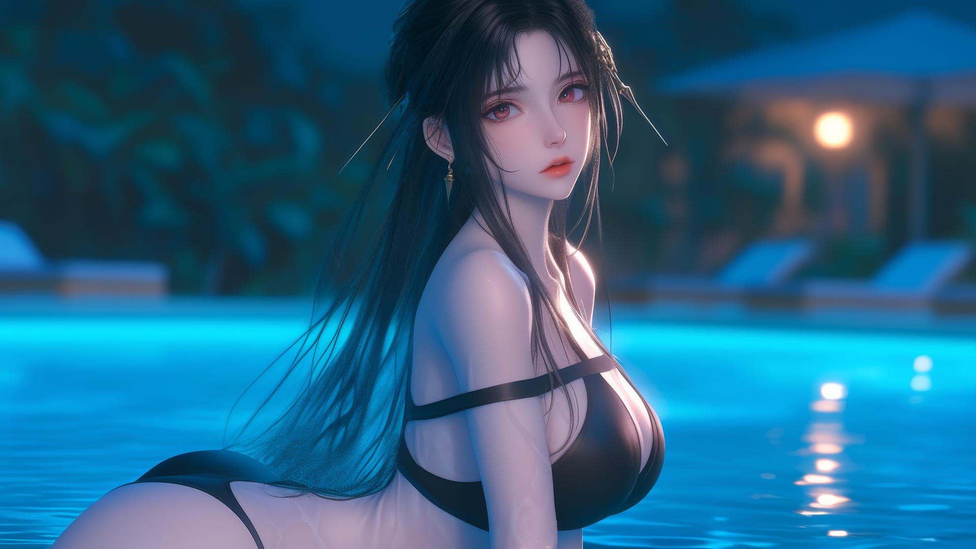 Yor Forger from Spy x Family sitting by a rainy pool under moonlight