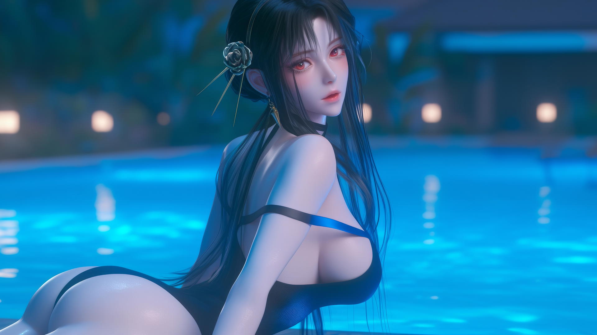 Yor Forger from Spy x Family sitting by a rainy pool under moonlight, focused on thighs.