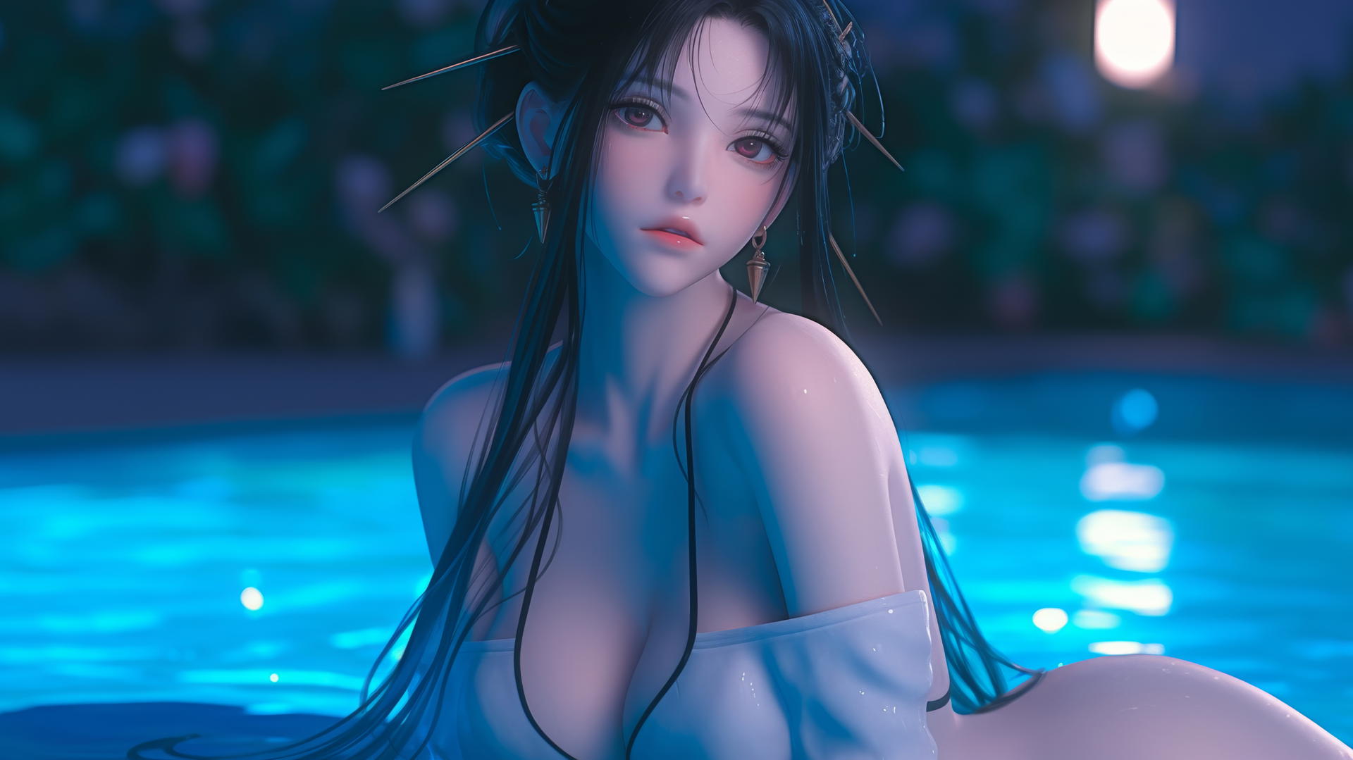Yor Forger from Spy x Family sitting by a rainy swimming pool at night, moonlight glow