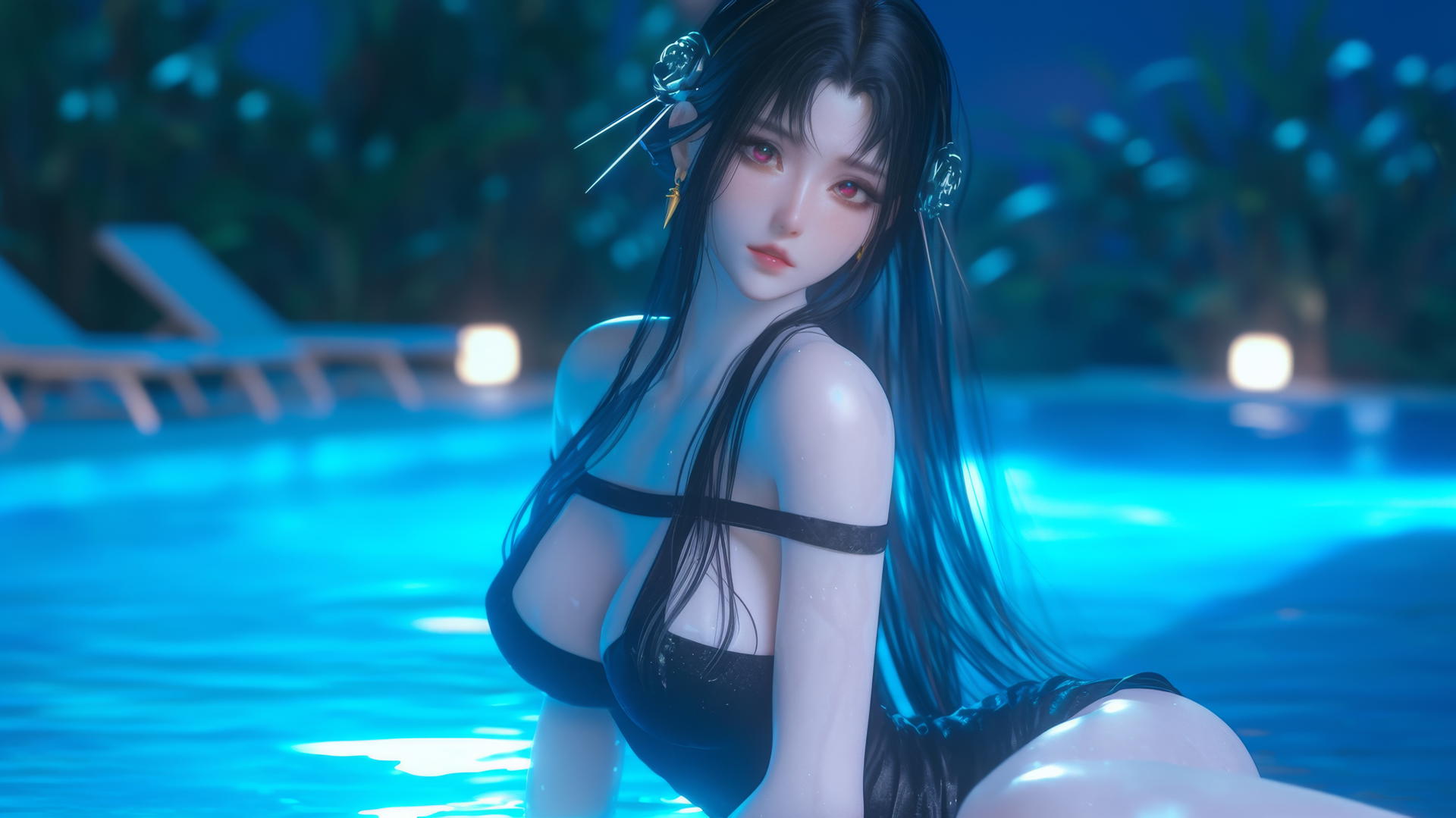 Yor Forger sitting by a rainy swimming pool under moonlight