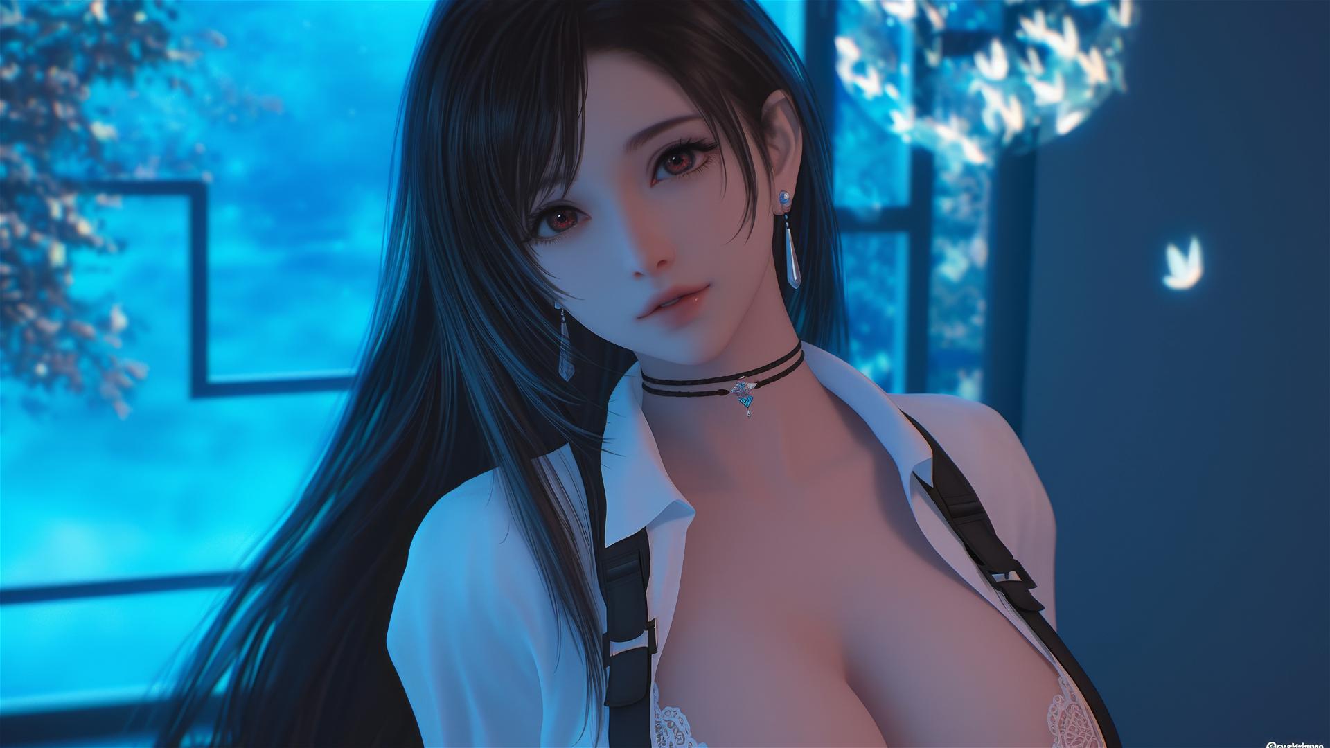 Tifa Lockhart in white office shirt at modern hotel room with neon light