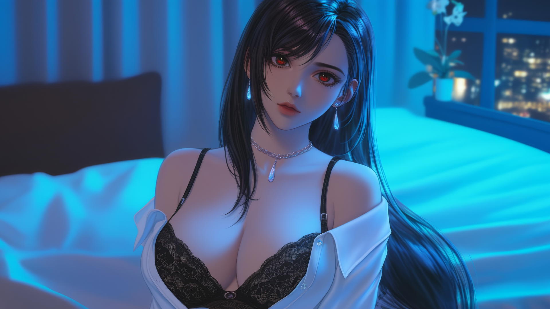 Tifa Lockhart in a modern hotel room, neon light highlighting her figure