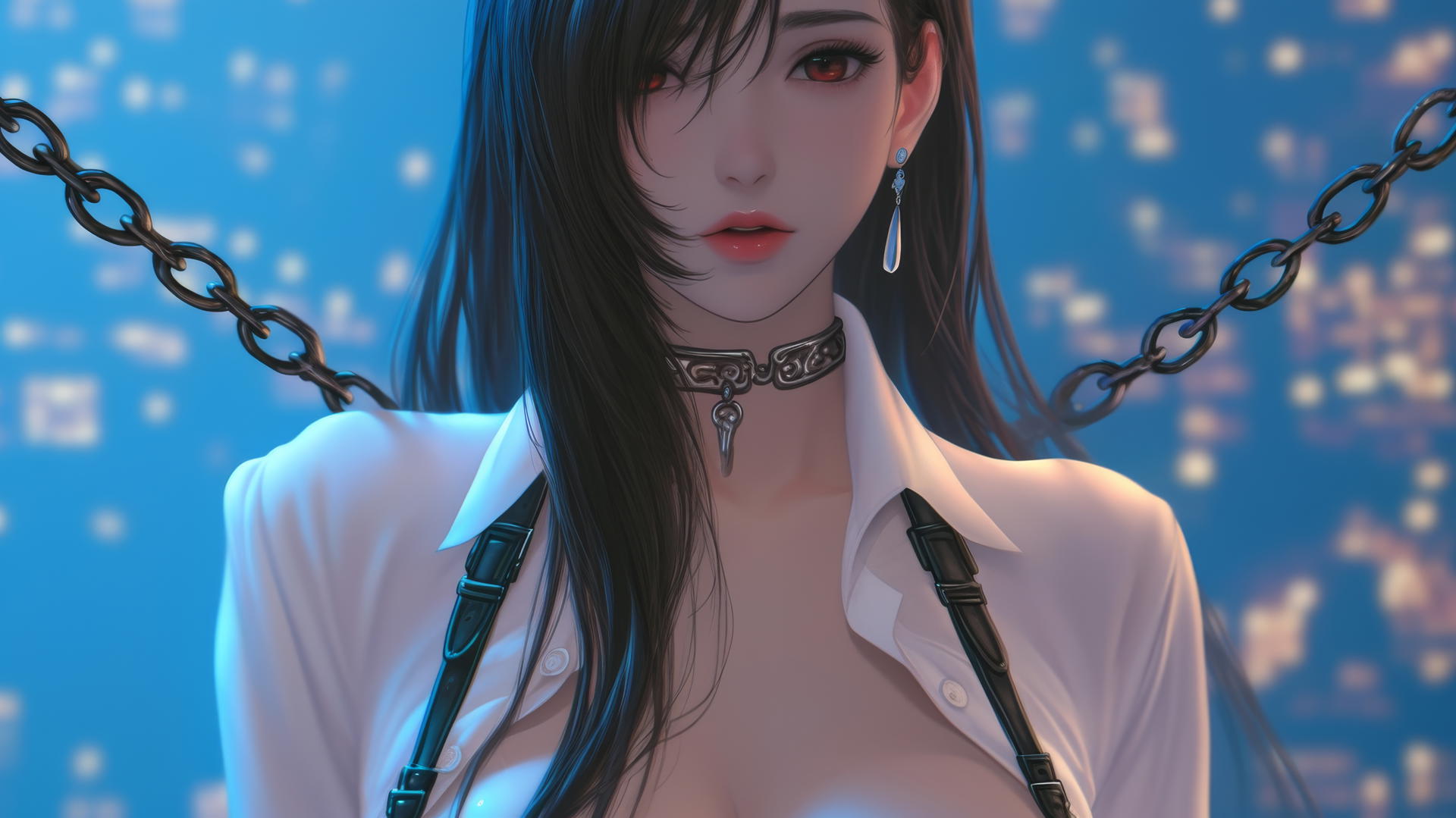 Tifa Lockhart in a modern hotel room, chained, neon light glow