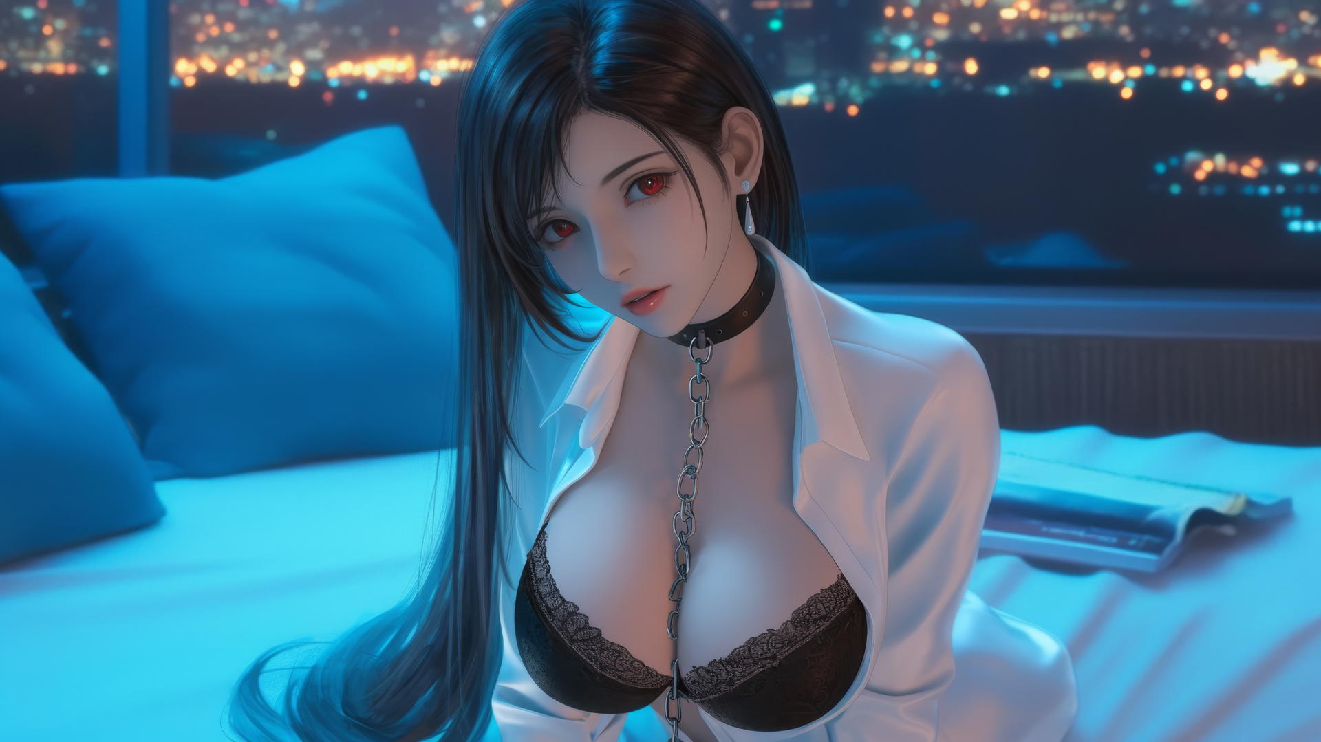 Tifa Lockhart in a white shirt, chained in a modern hotel room with neon lights