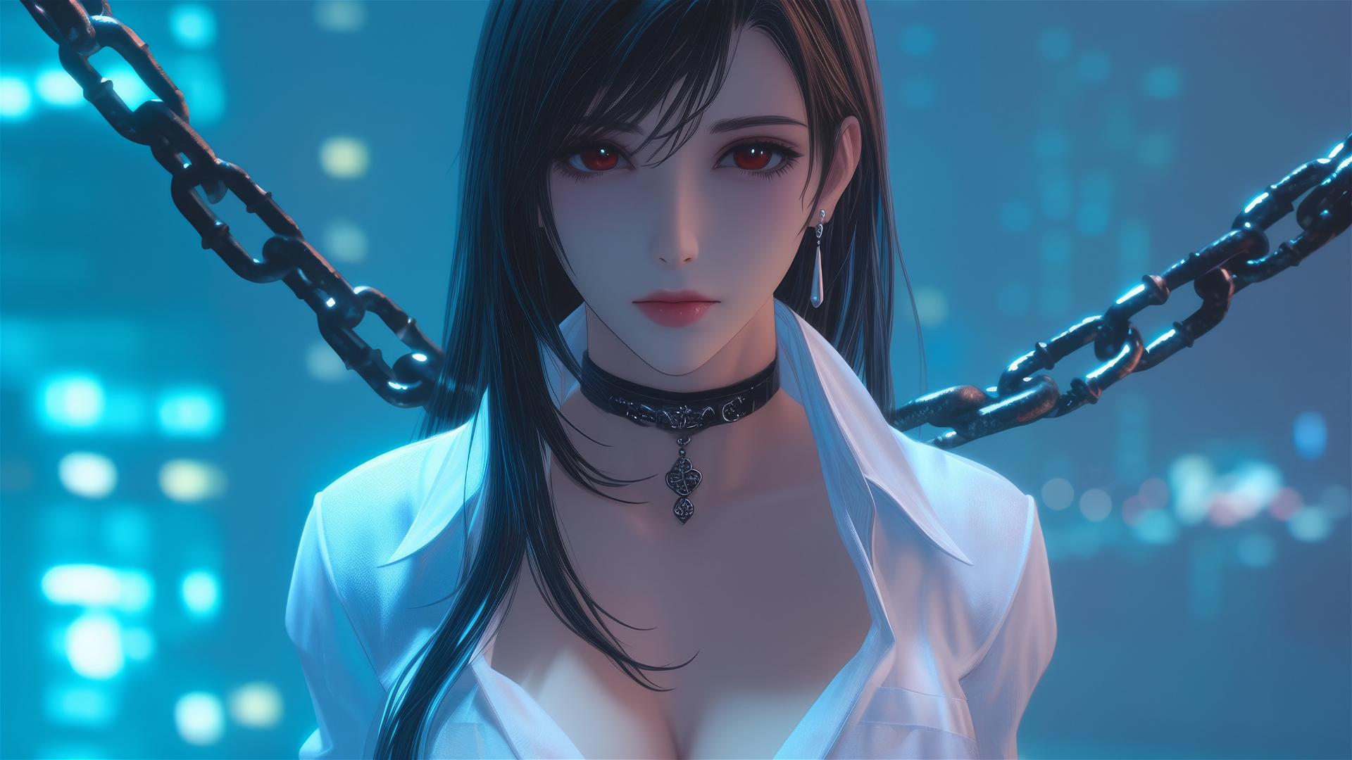 Tifa Lockhart in a modern hotel room, locked with thick iron chains, wearing a white office shirt, neon light casting a soft glow.