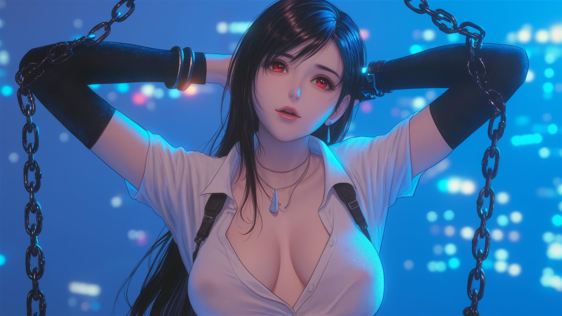 Tifa Lockhart in white office shirt, chained in modern hotel room, neon glow