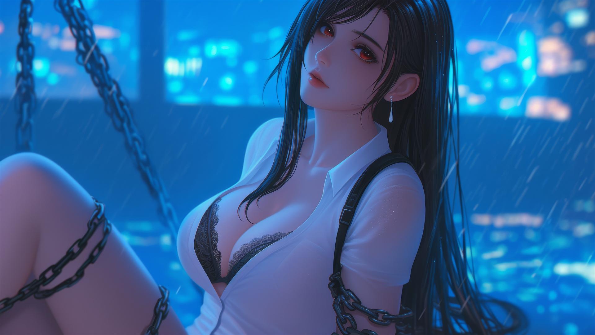 Tifa Lockhart in modern hotel room, chained, wearing white shirt, neon glow