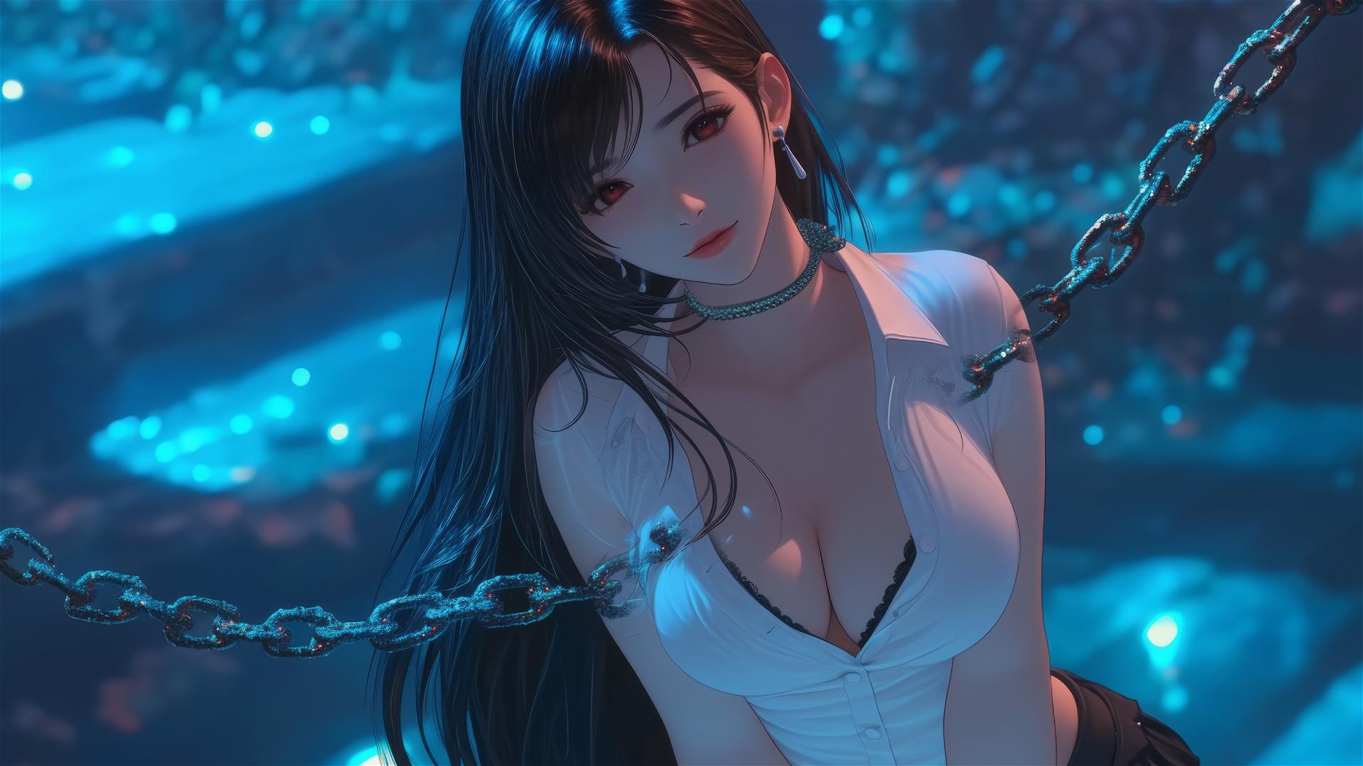 Tifa Lockhart in a white office shirt, chained in a dark basement with neon lighting.