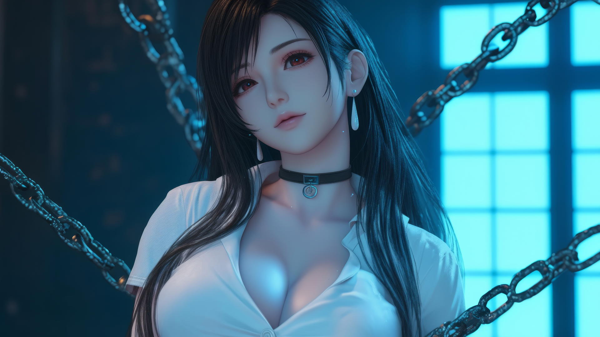 Tifa Lockhart in chains, white office shirt, neon-lit dark basement