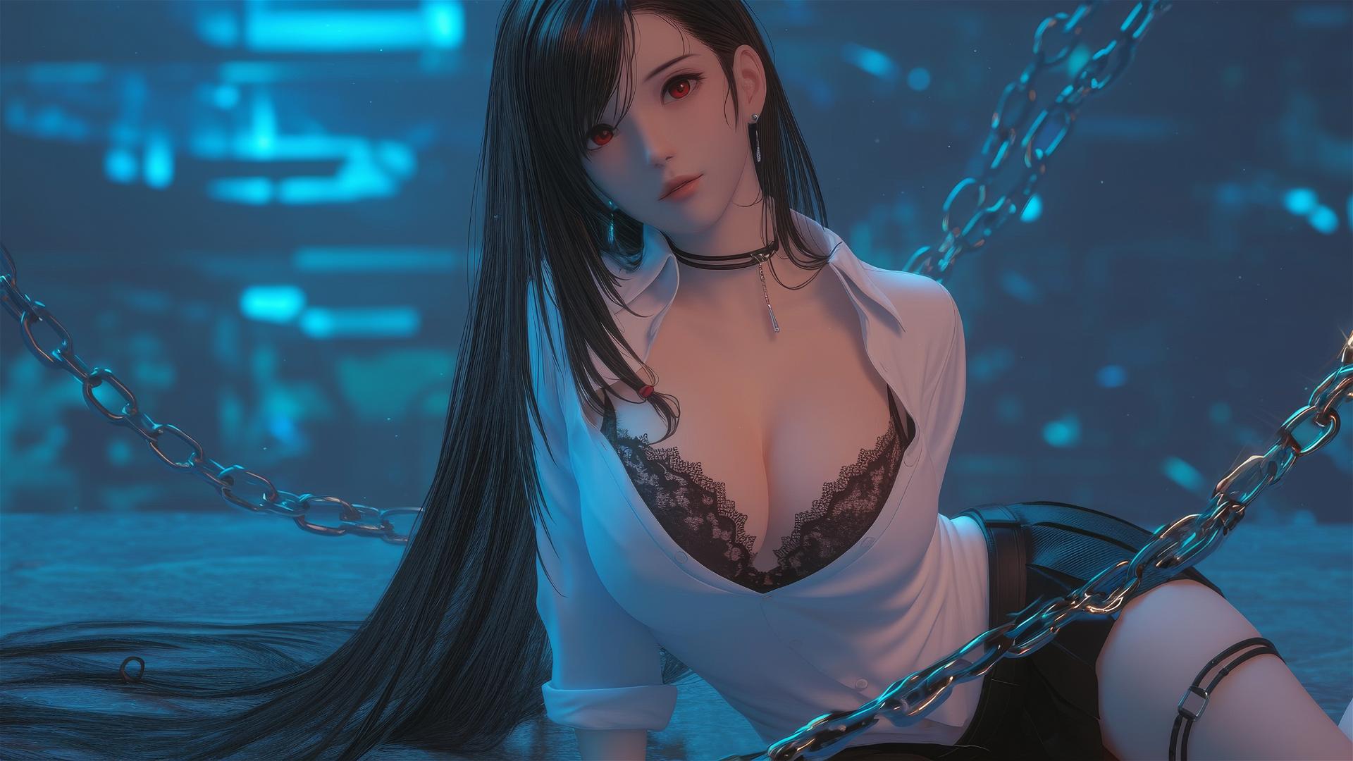 Tifa Lockhart in chains wearing a white office shirt, in a dark neon-lit basement