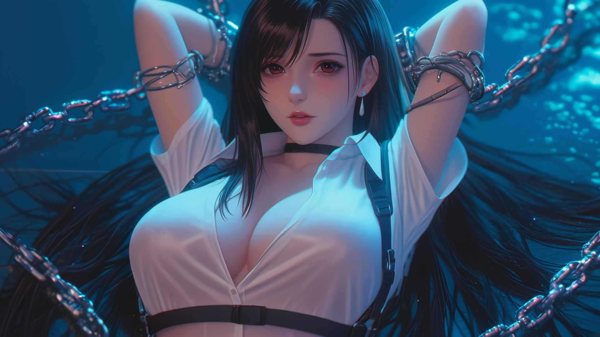 Tifa Lockhart in white office shirt chained in dark basement with neon light