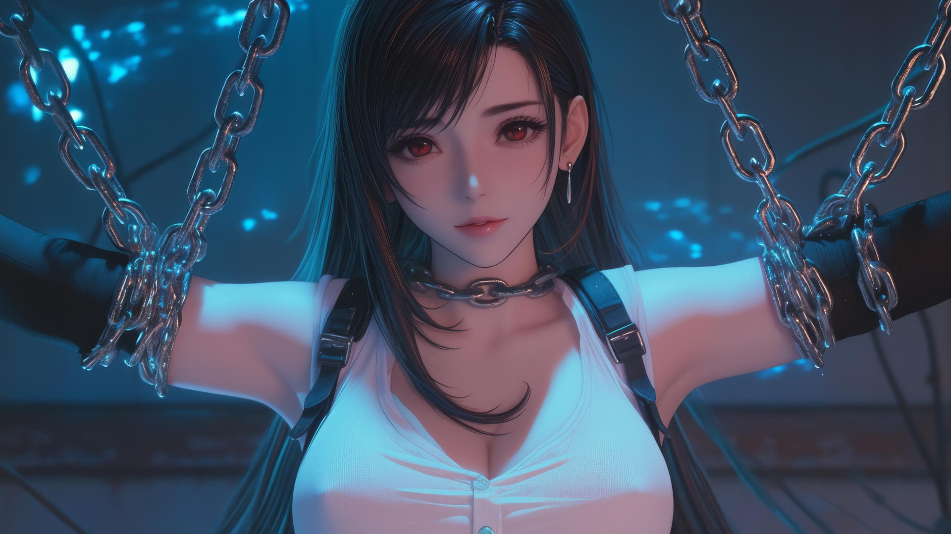 Tifa Lockhart in a white office shirt, chained in a dark basement, neon light glowing.