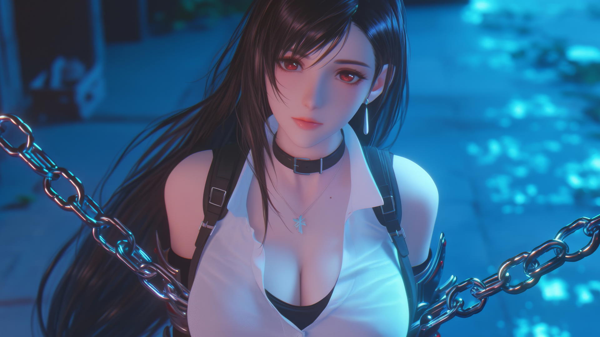 Tifa Lockhart chained in dark basement with neon light glow.