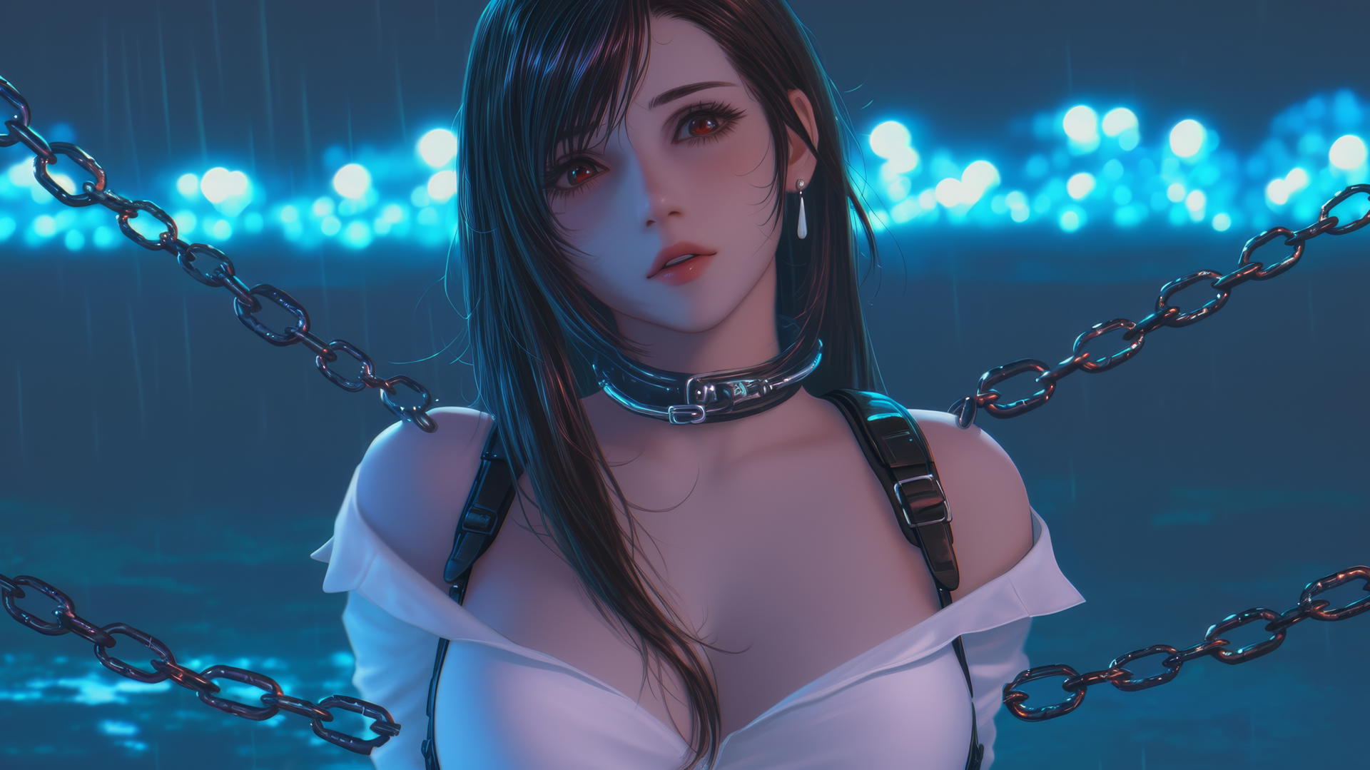 Tifa Lockhart from Final Fantasy in chains with neon light glowing