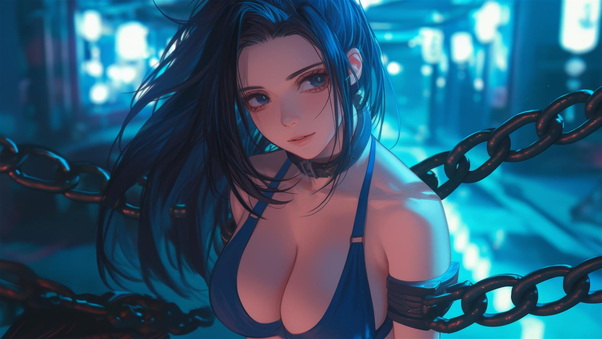 Momo Yaoyorozu from My Hero Academia in chains with neon lighting.
