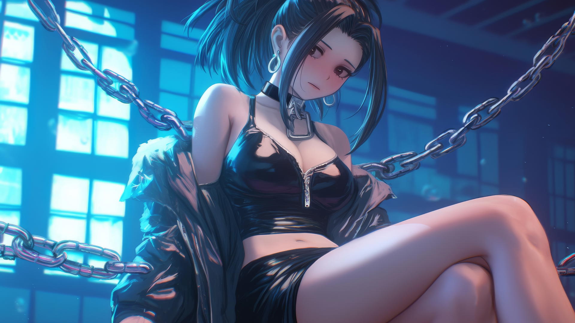 Momo Yaoyorozu from My Hero Academia in chains with neon light glow