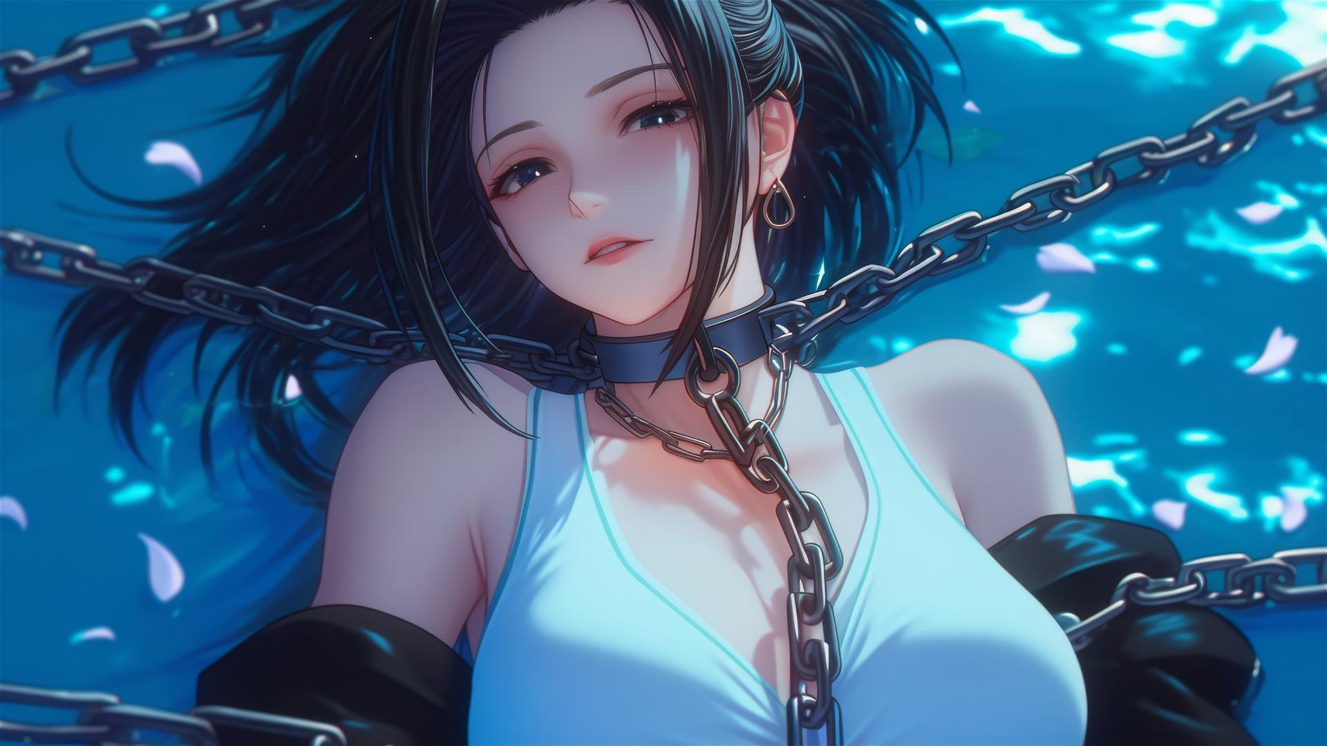 Momo Yaoyorozu from My Hero Academia in chains in a neon-lit modern hotel room