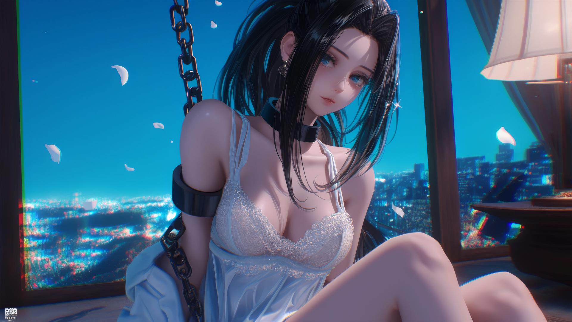 Momo Yaoyorozu from My Hero Academia in a modern hotel room with neon light and thick iron chains