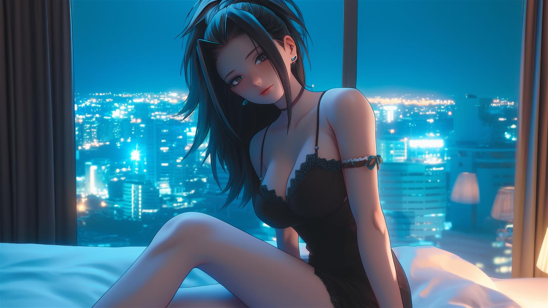 Momo Yaoyorozu in a modern hotel room under neon light with beautiful thigh highlight