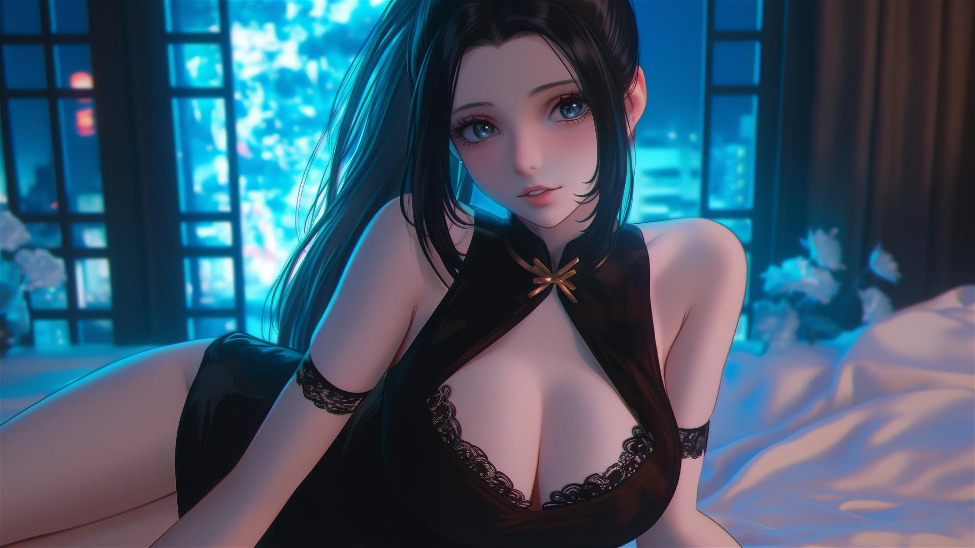 Momo Yaoyorozu with neon light at modern hotel room