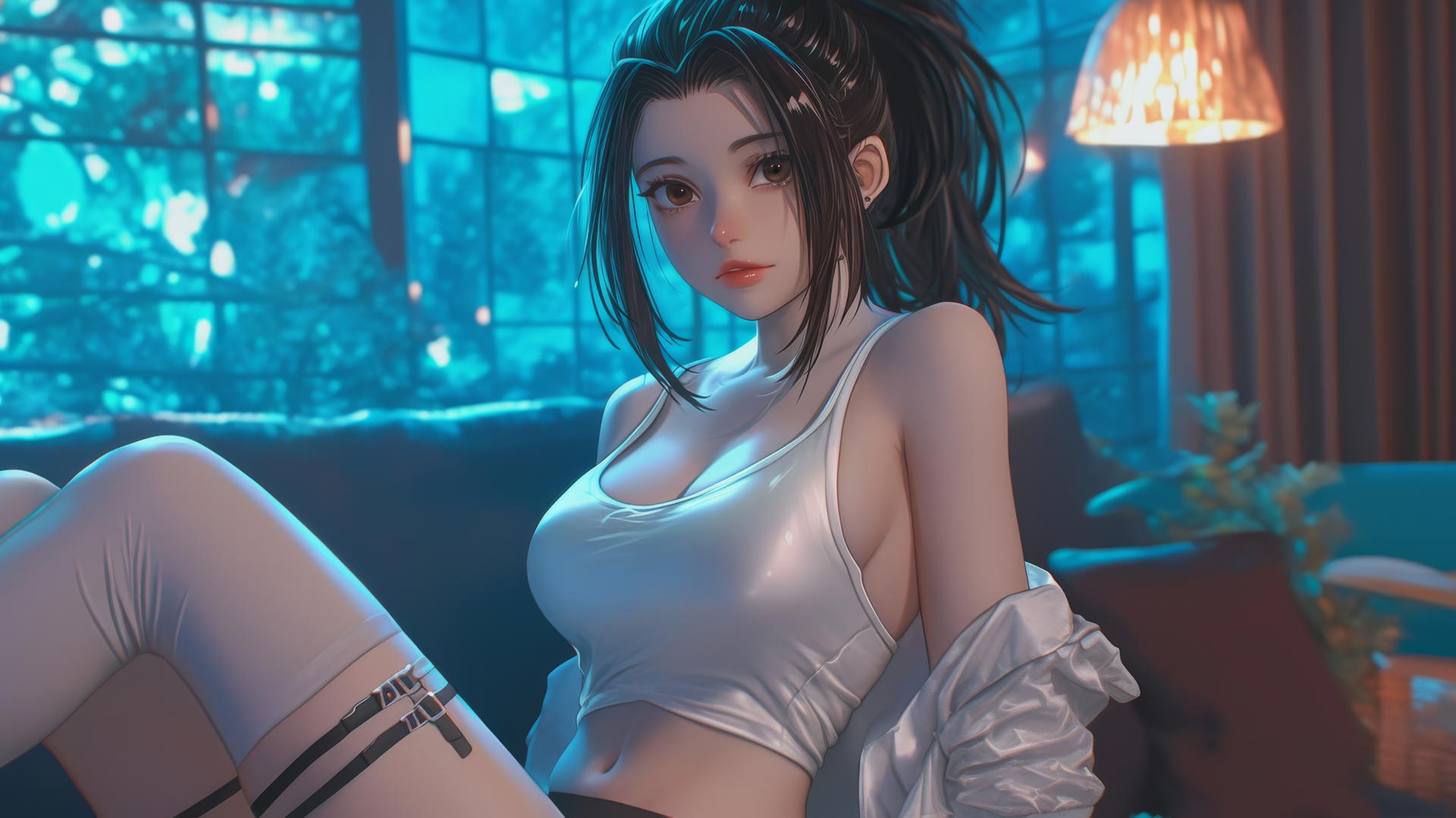 Momo Yaoyorozu in a modern hotel room with neon light