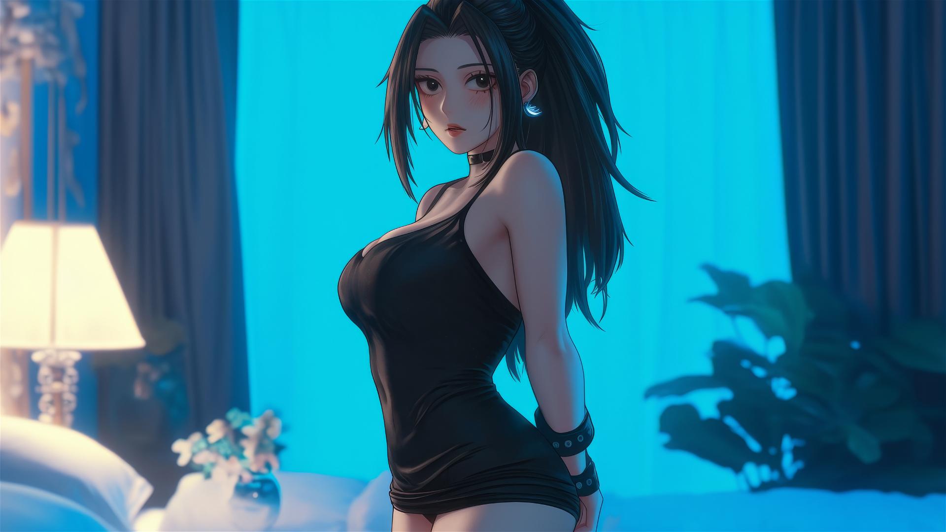 Momo Yaoyorozu from My Hero Academia in a modern hotel room illuminated by neon light