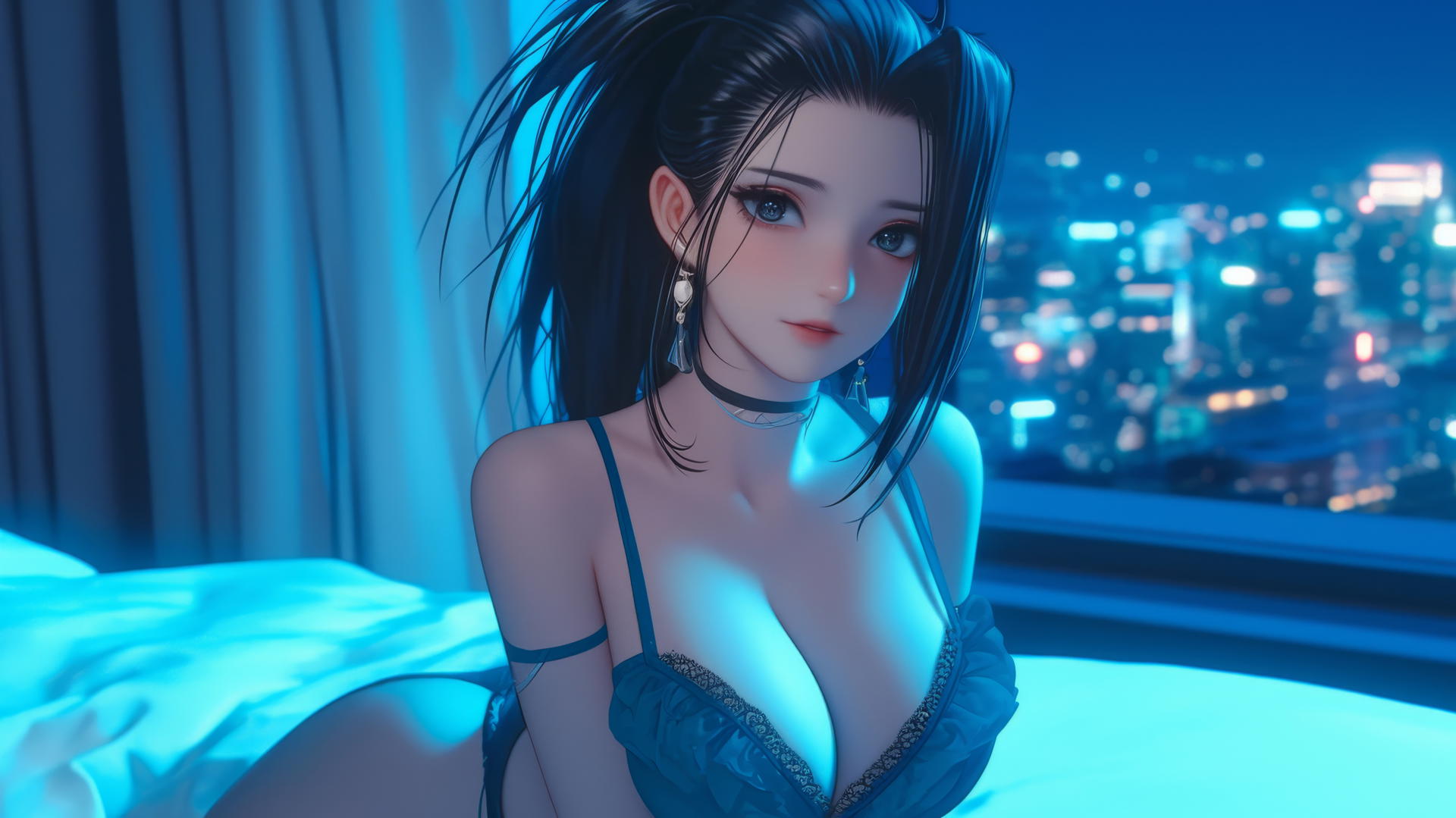 Momo Yaoyorozu in a modern hotel room with neon lighting