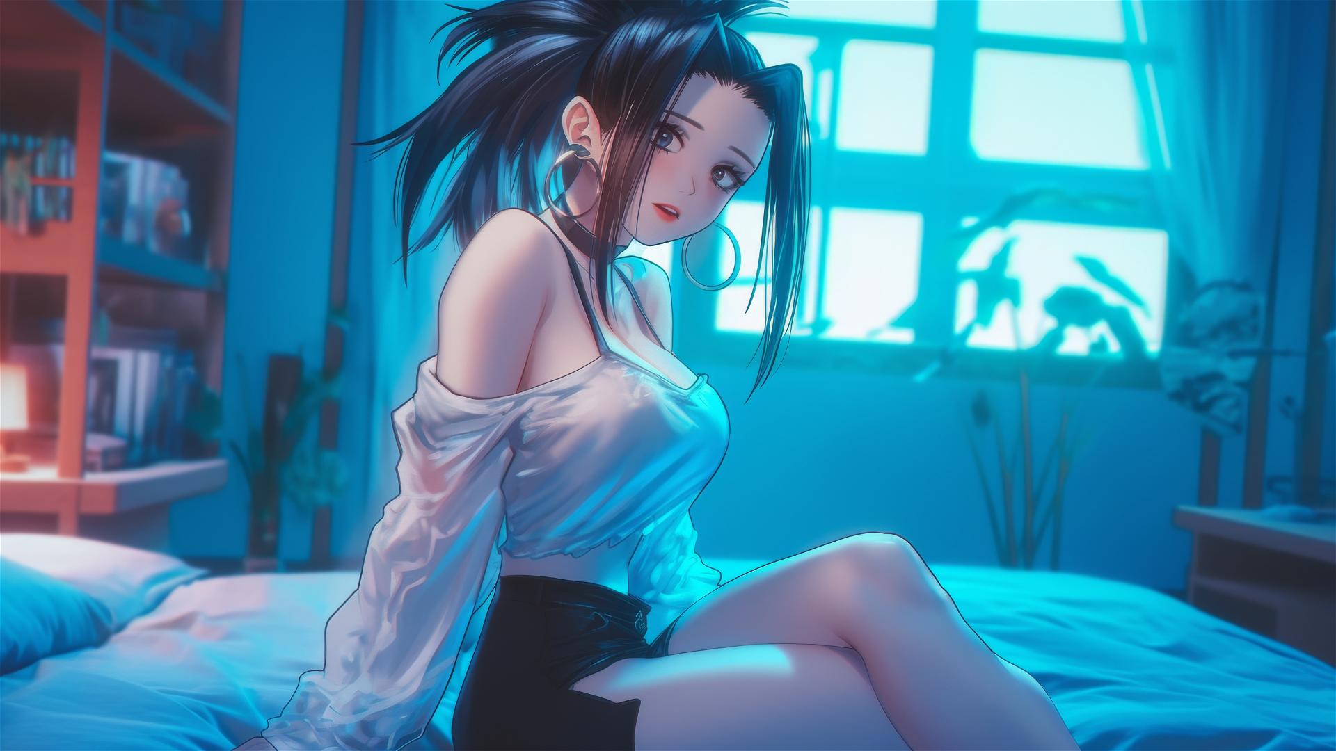 Momo Yaoyorozu in modern hotel room with soft neon glow, emphasized thighs.