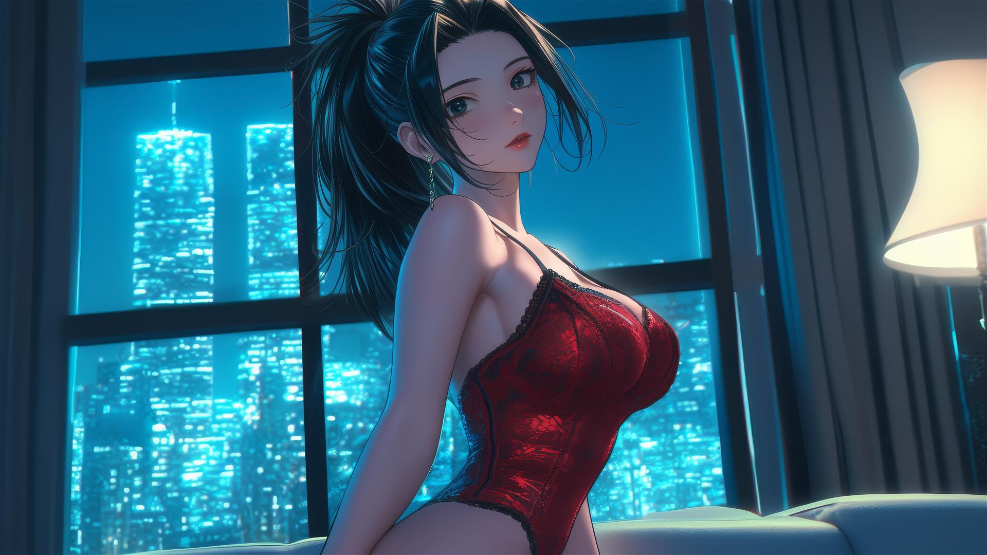 Momo Yaoyorozu from My Hero Academia in a modern hotel room with neon light